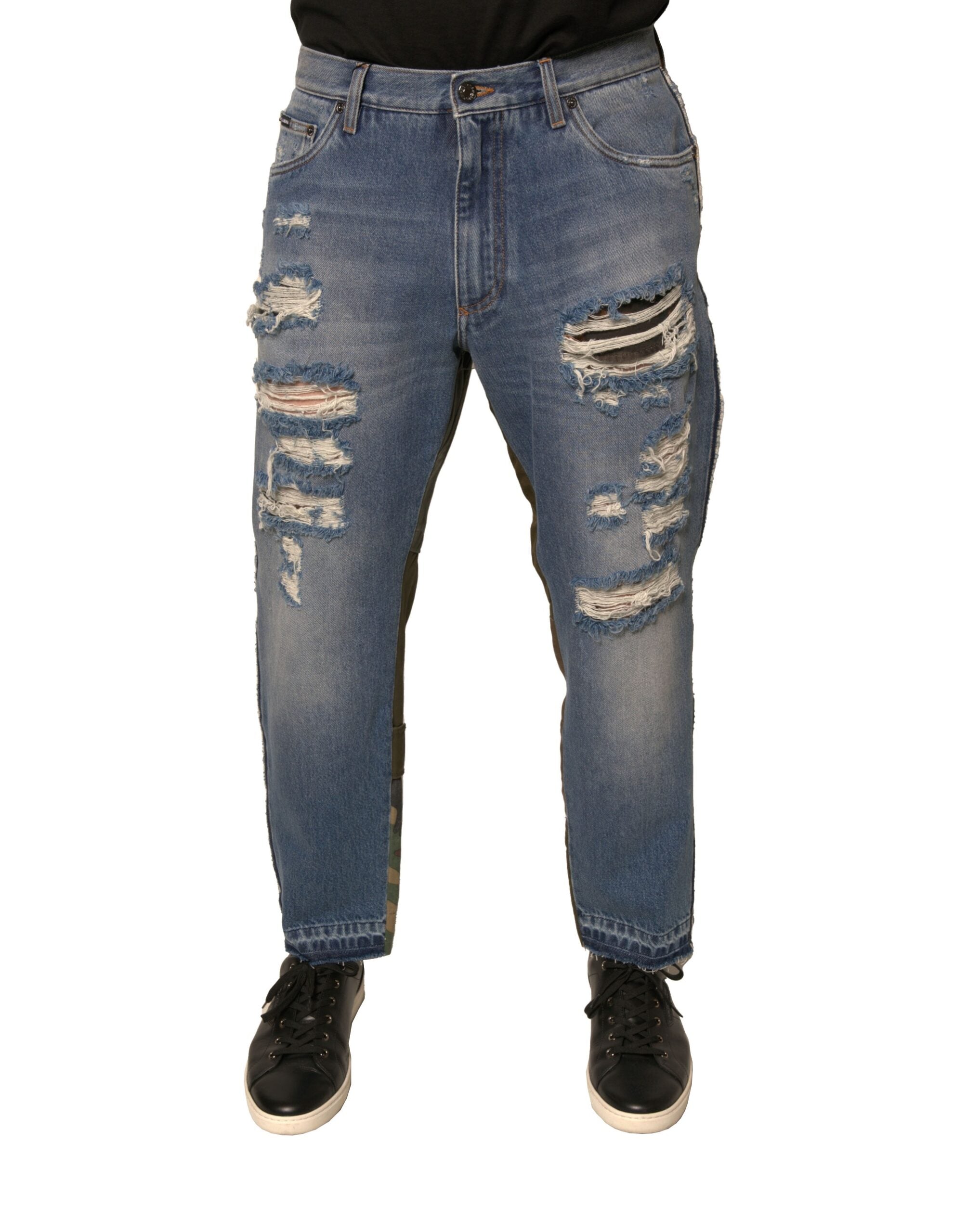 Dolce & Gabbana Blue Tattered Straight Cropped Denim Men's Jeans