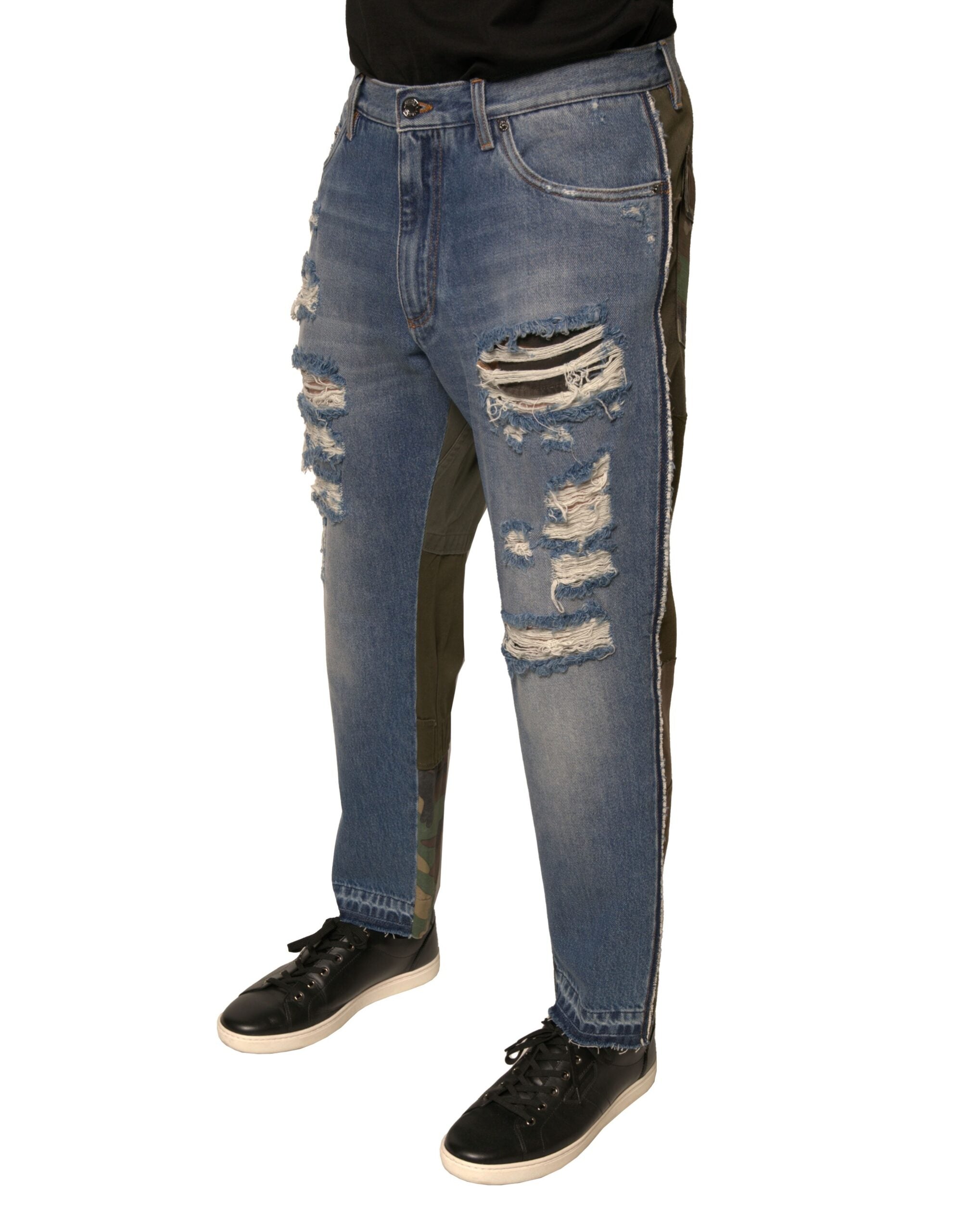Dolce & Gabbana Blue Tattered Straight Cropped Denim Men's Jeans