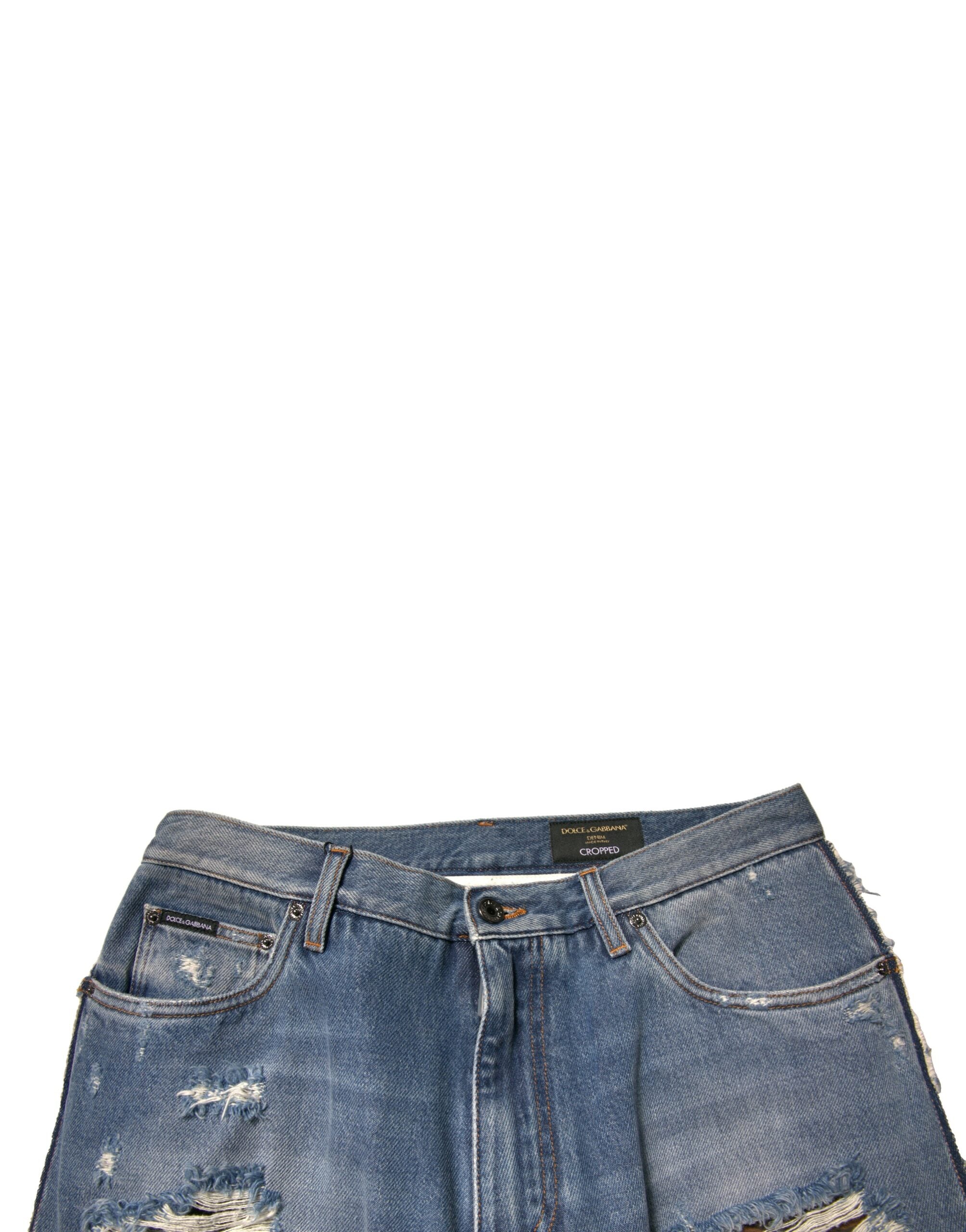 Dolce & Gabbana Blue Tattered Straight Cropped Denim Men's Jeans