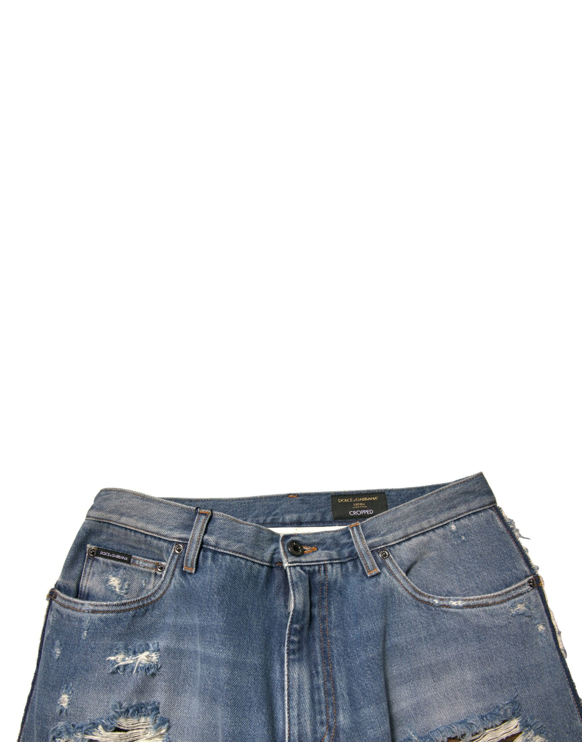 Dolce & Gabbana Blue Tattered Straight Cropped Denim Men's Jeans