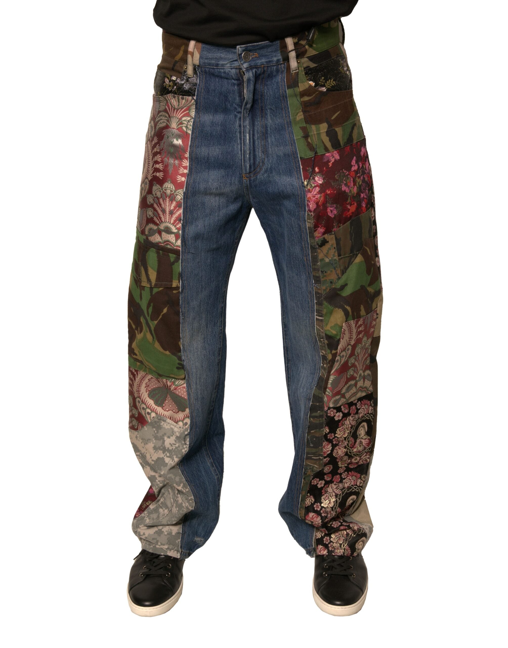 Dolce & Gabbana Blue Patchwork Cotton Straight Denim Men's Jeans