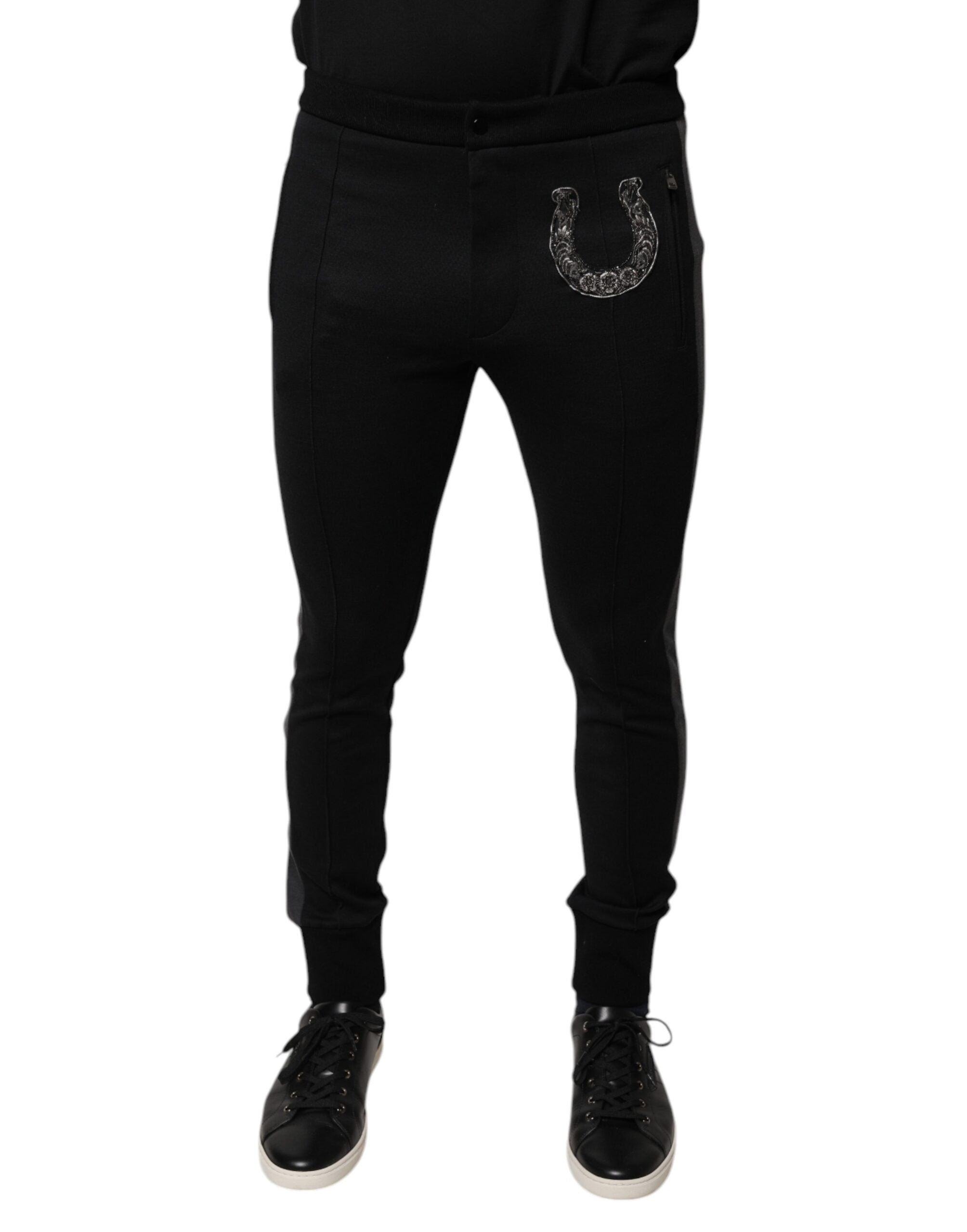Dolce & Gabbana Black Horseshoe Embellished Wool Slim Fit Men's Pants