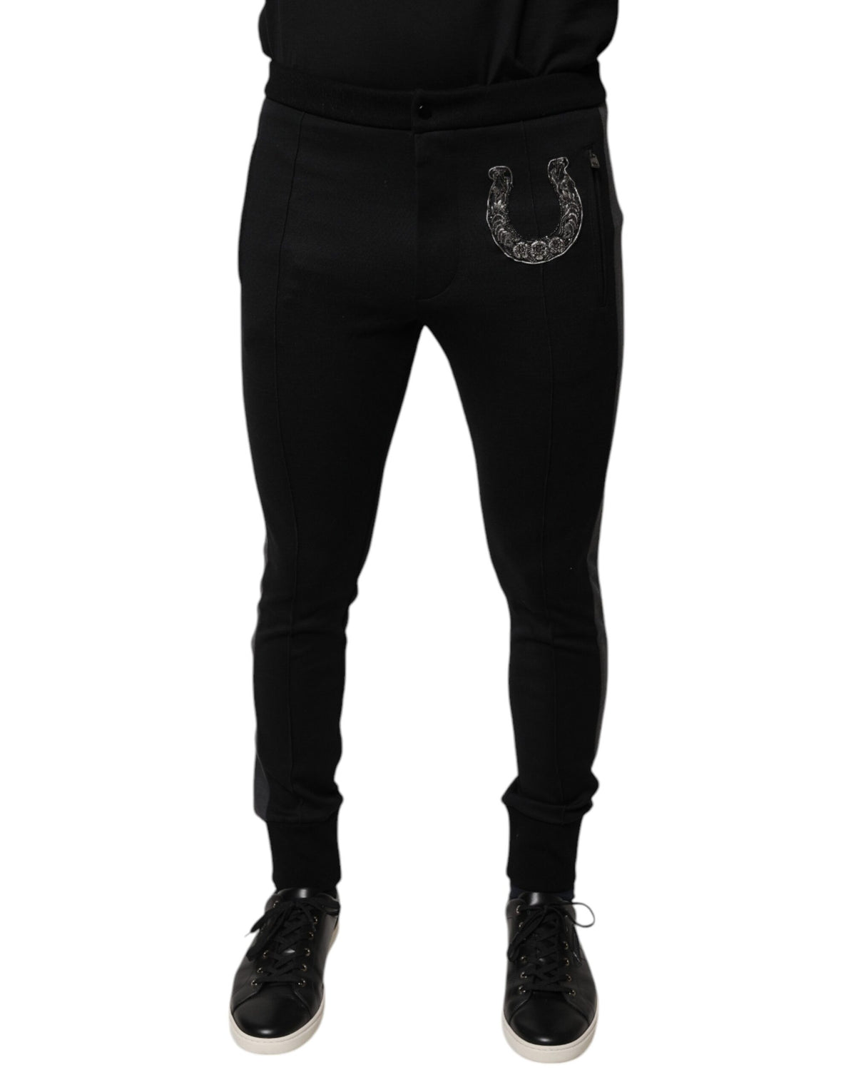 Dolce & Gabbana Black Horseshoe Embellished Wool Slim Fit Men's Pants
