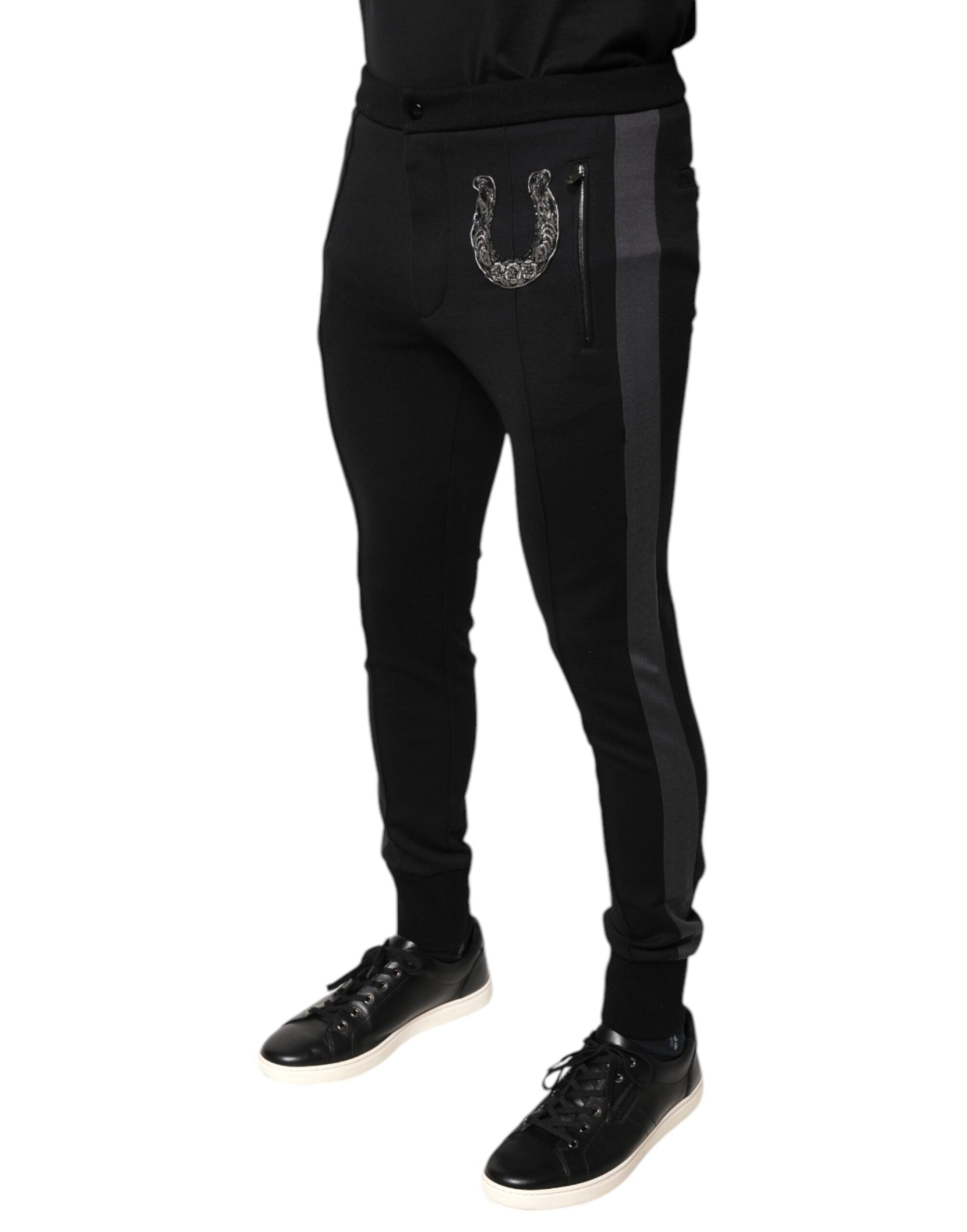 Dolce & Gabbana Black Horseshoe Embellished Wool Slim Fit Men's Pants