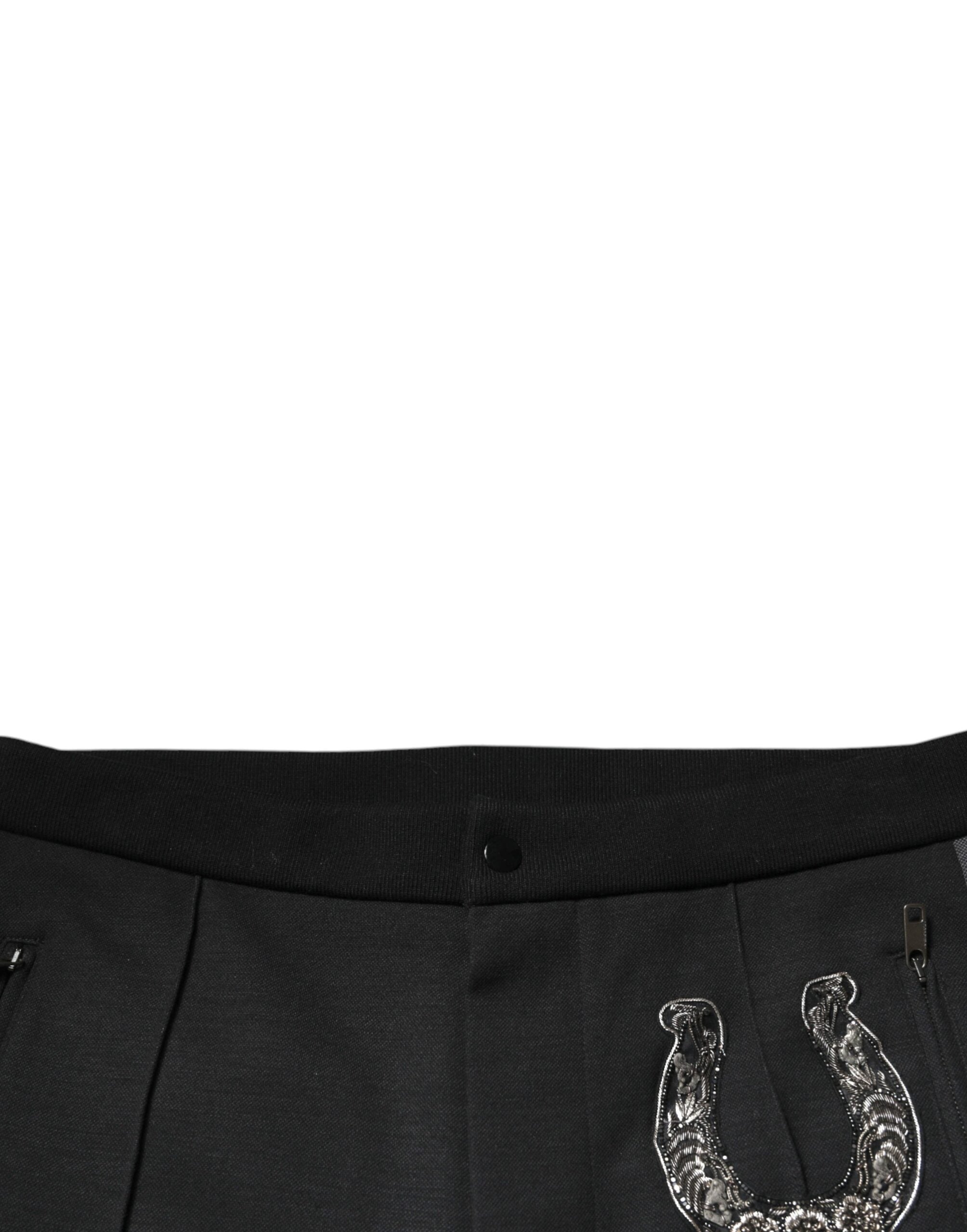 Dolce & Gabbana Black Horseshoe Embellished Wool Slim Fit Men's Pants