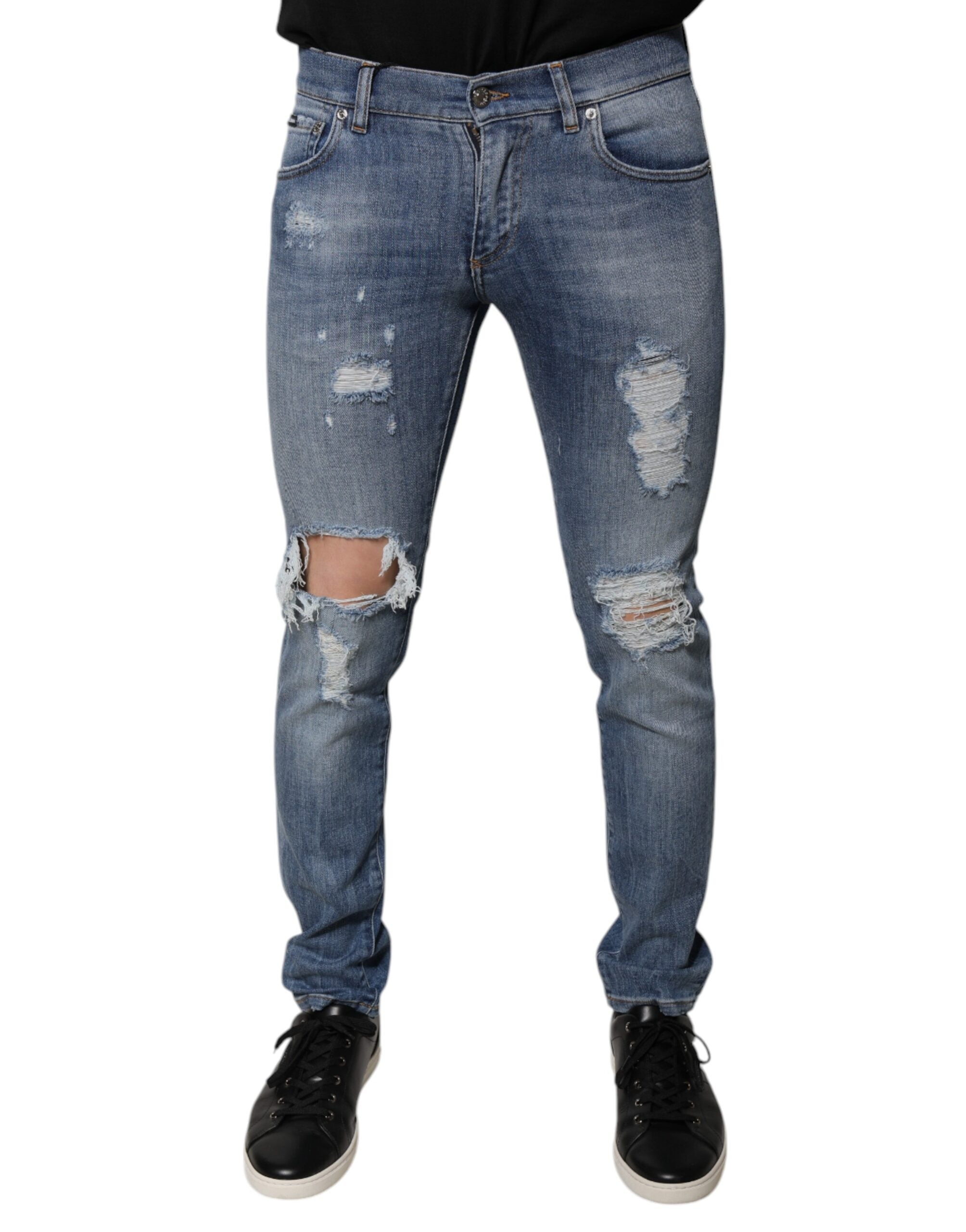 Dolce & Gabbana Blue Tattered Cotton Stretch Skinny Denim Men's Jeans