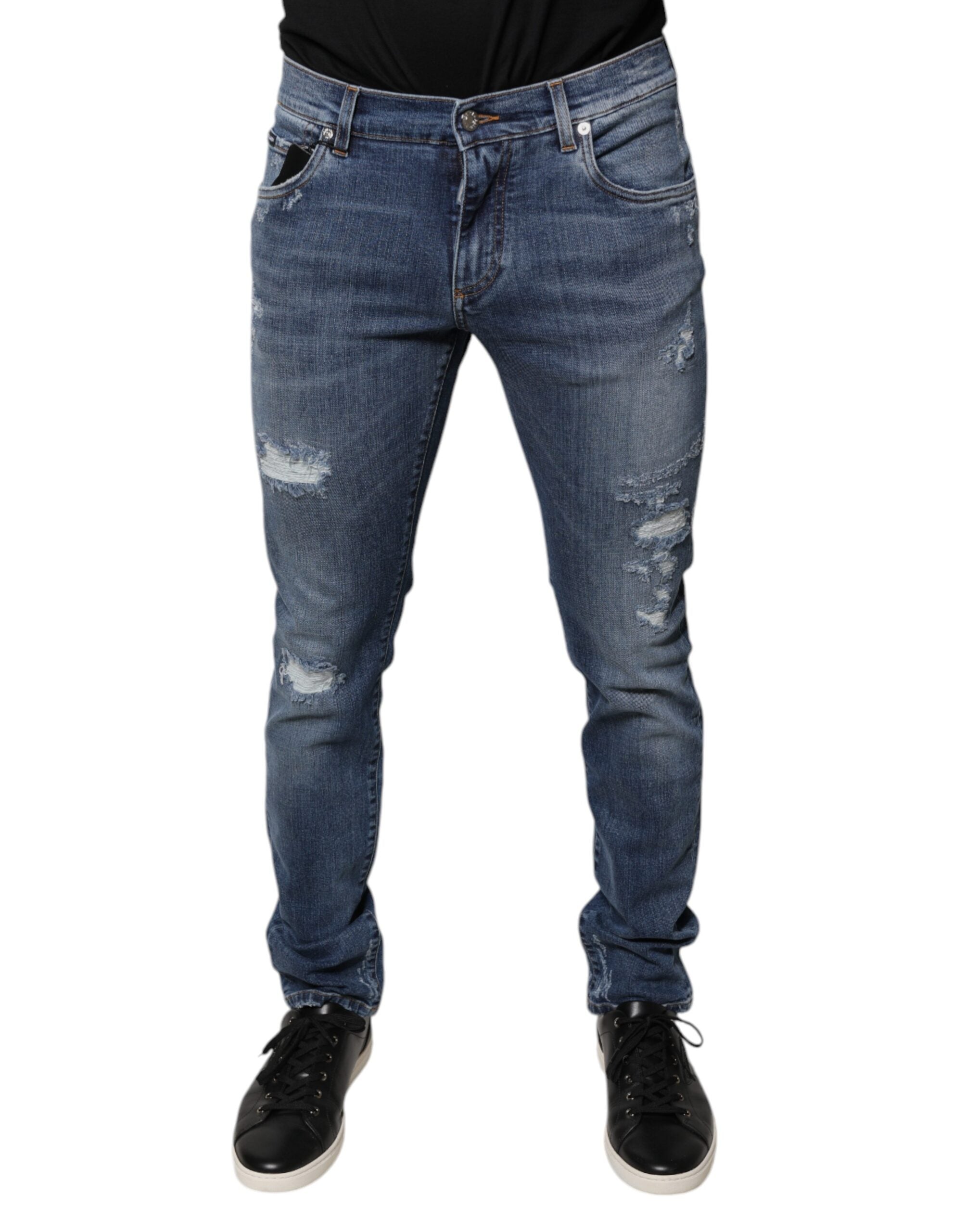 Dolce & Gabbana Blue Tattered Cotton Stretch Skinny Denim Men's Jeans
