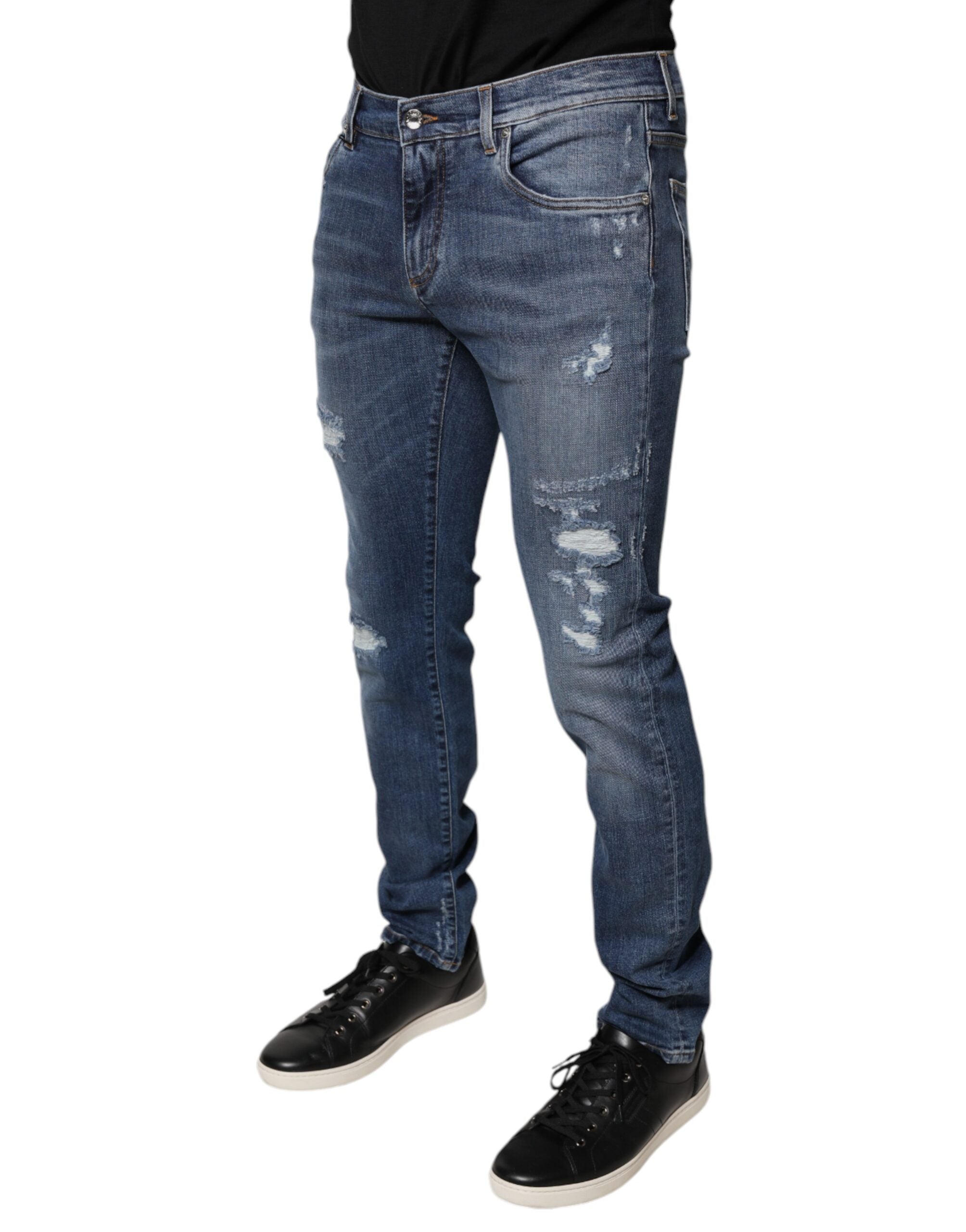 Dolce & Gabbana Blue Tattered Cotton Stretch Skinny Denim Men's Jeans