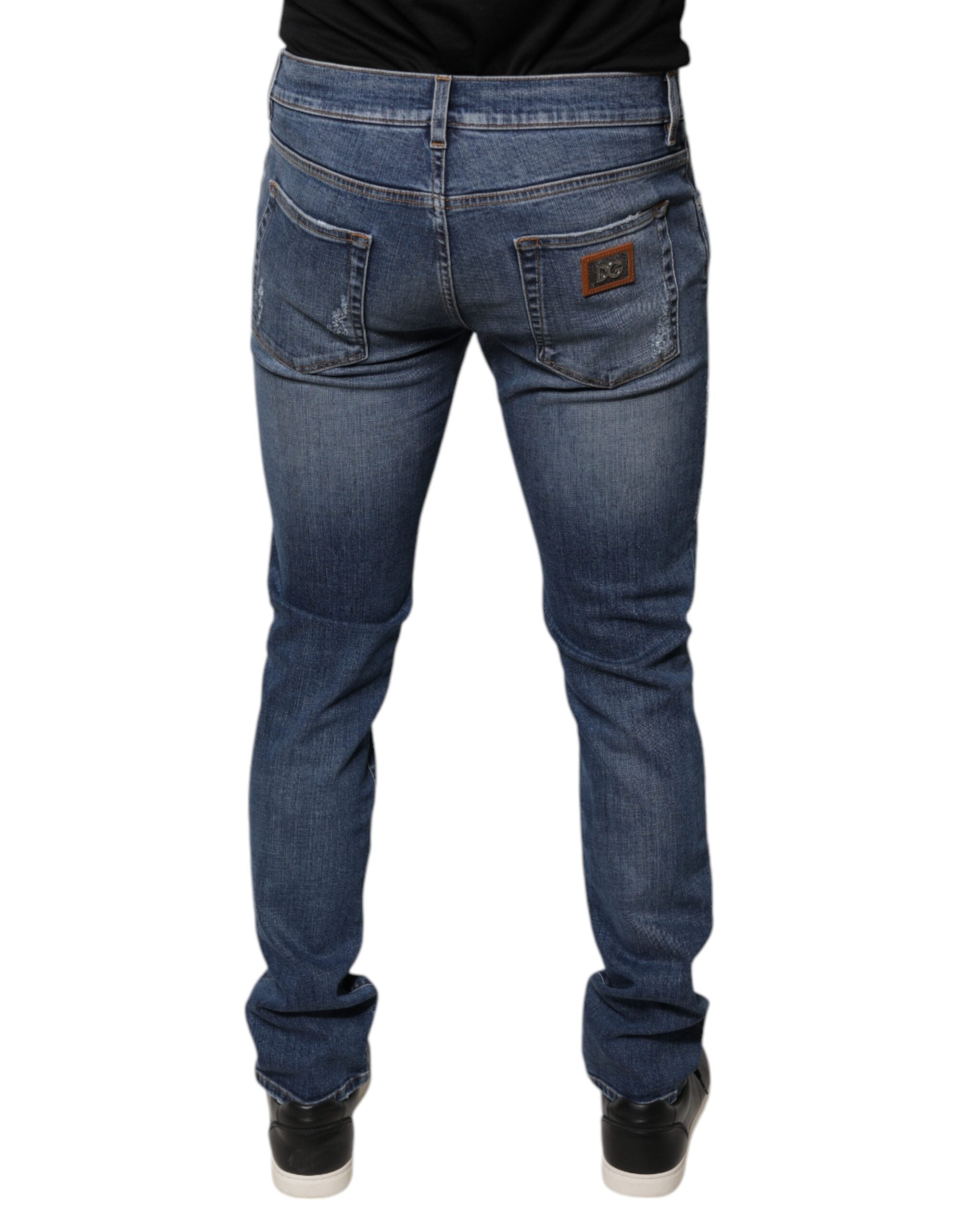Dolce & Gabbana Blue Tattered Cotton Stretch Skinny Denim Men's Jeans