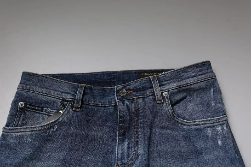 Dolce & Gabbana Blue Tattered Cotton Stretch Skinny Denim Men's Jeans
