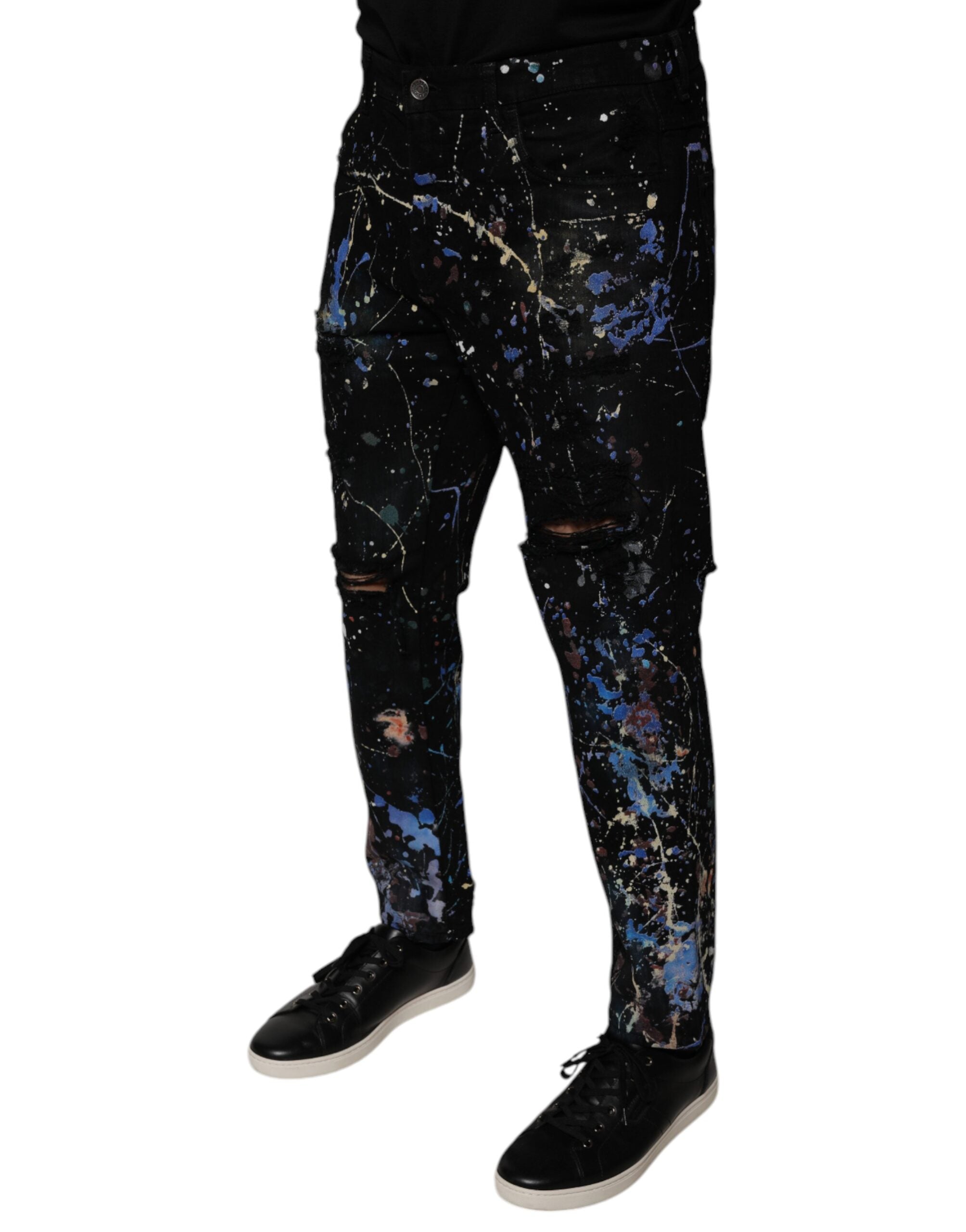 Dolce & Gabbana Black Color Splash Cotton Skinny Denim Men's Jeans