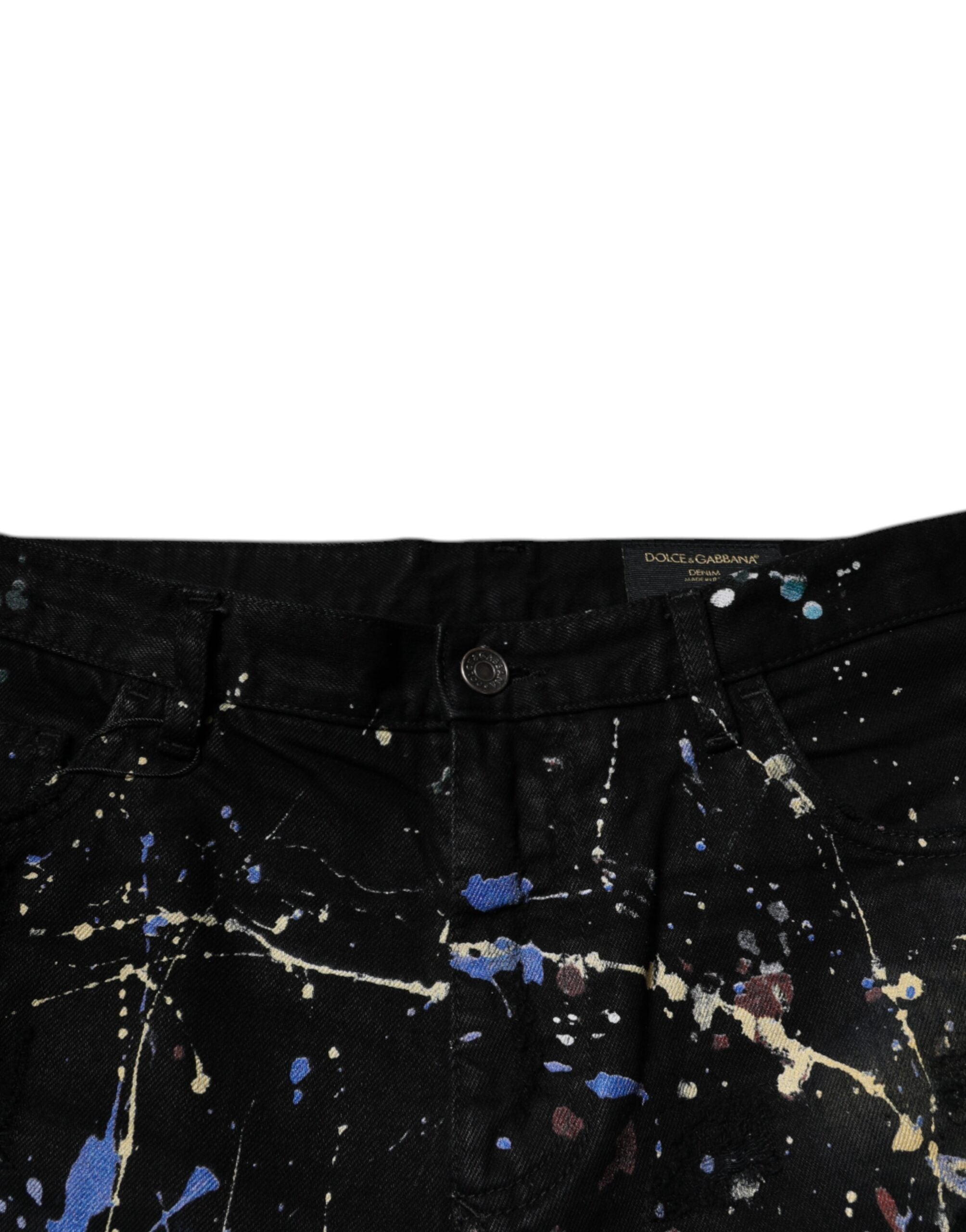 Dolce & Gabbana Black Color Splash Cotton Skinny Denim Men's Jeans