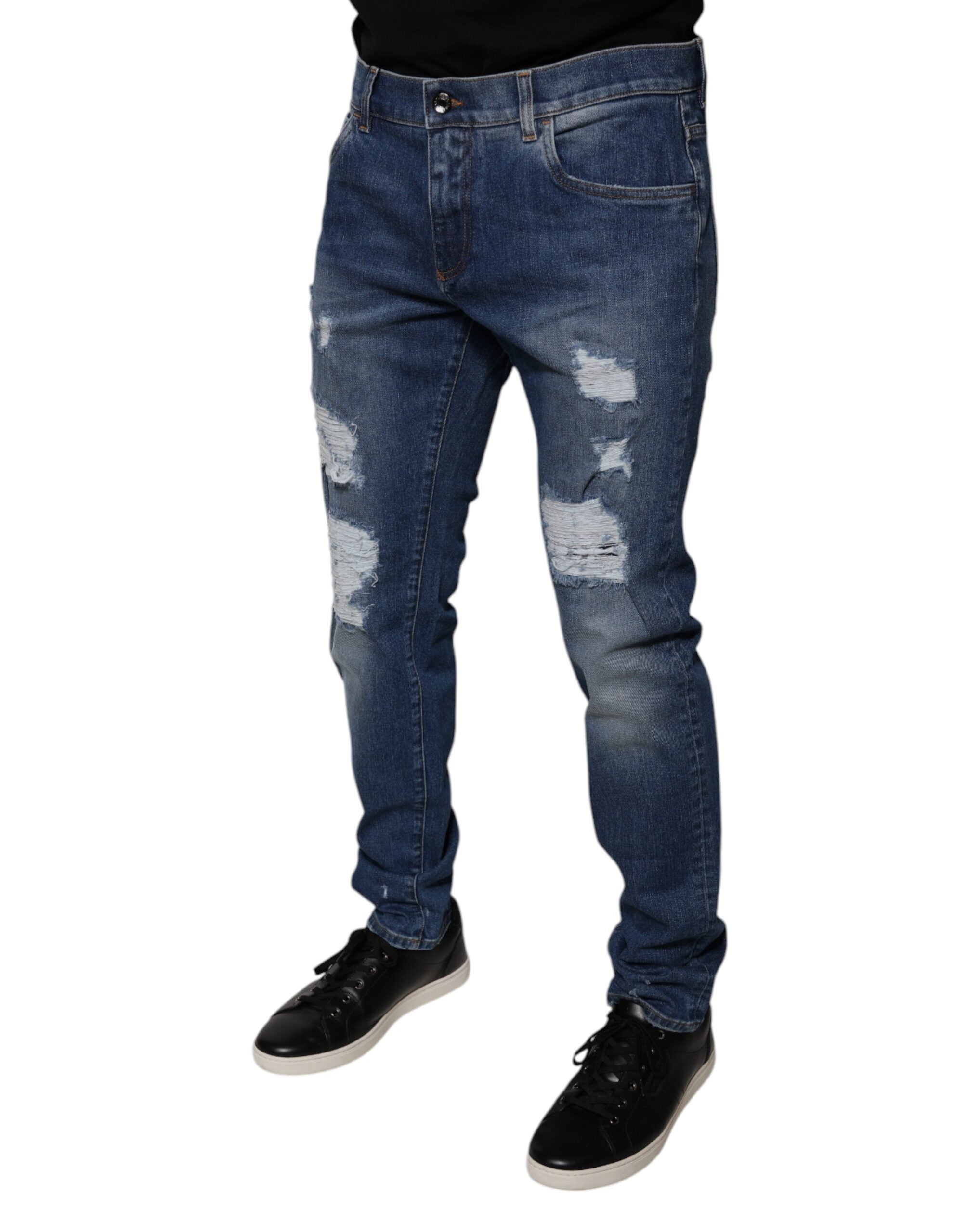 Dolce & Gabbana Blue Cotton Tattered Skinny Denim Men's Jeans