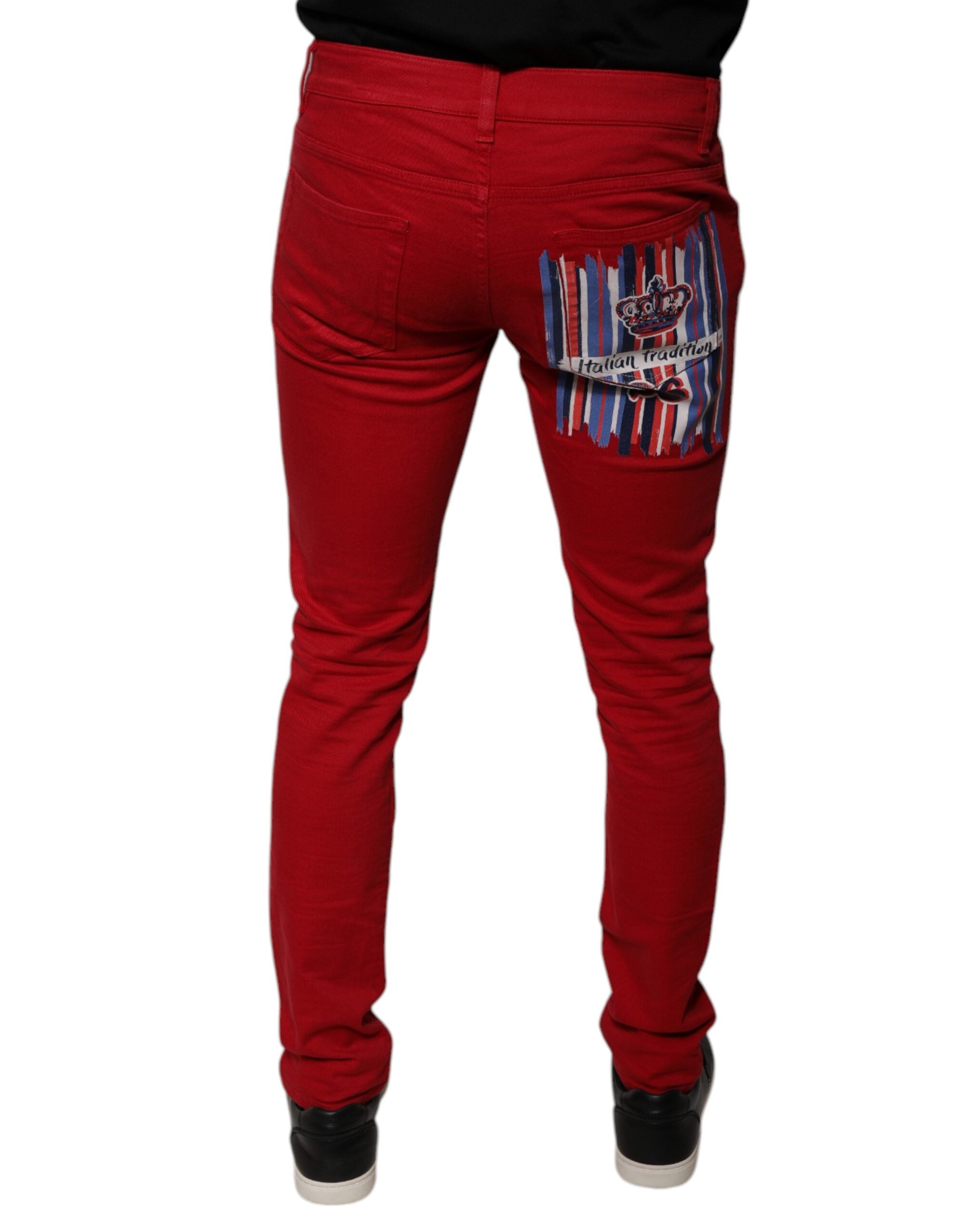 Dolce & Gabbana Red Crown Logo Cotton Skinny Denim Men's Jeans