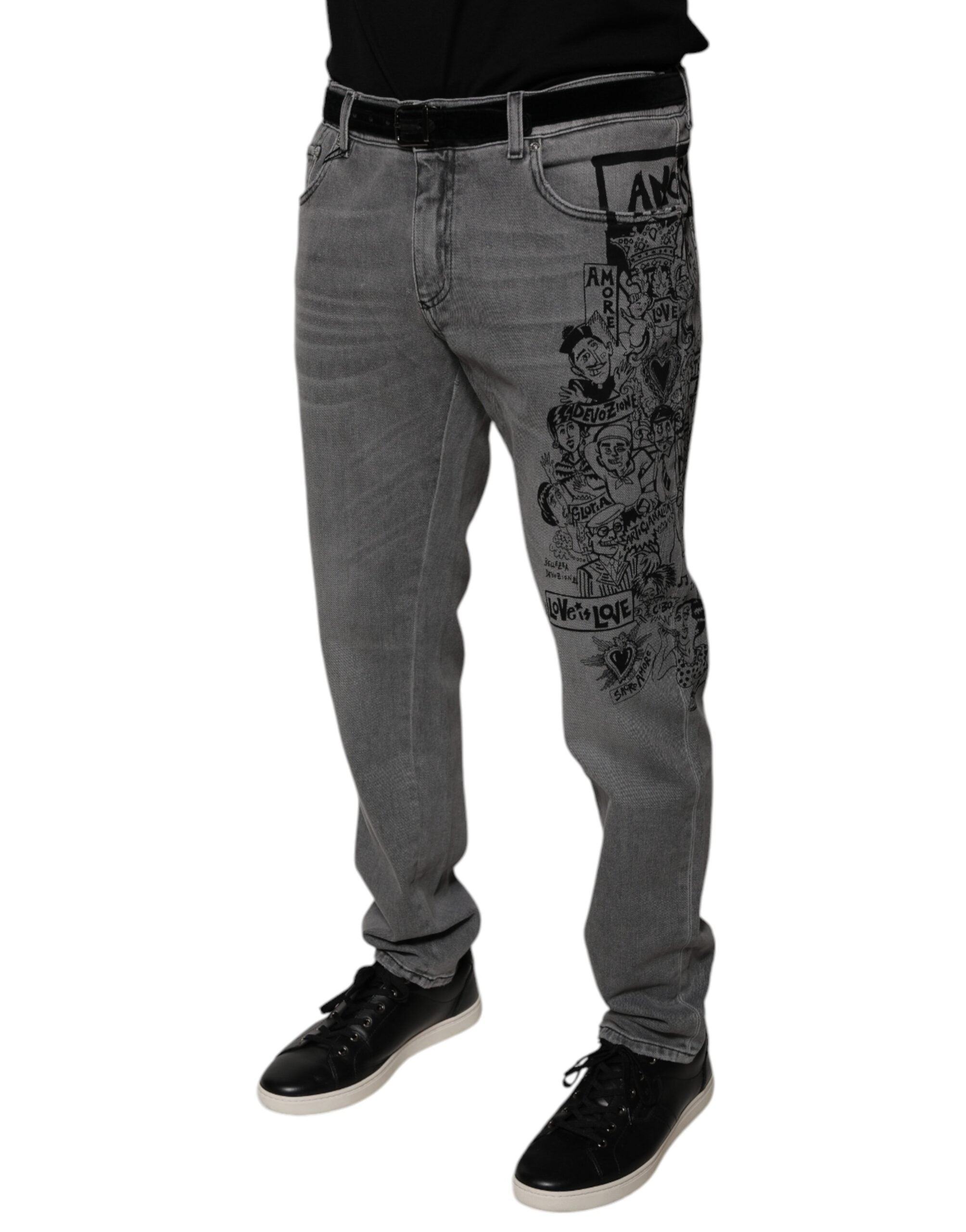 Dolce & Gabbana Gray Graphic Print Cotton Skinny Denim Men's Jeans