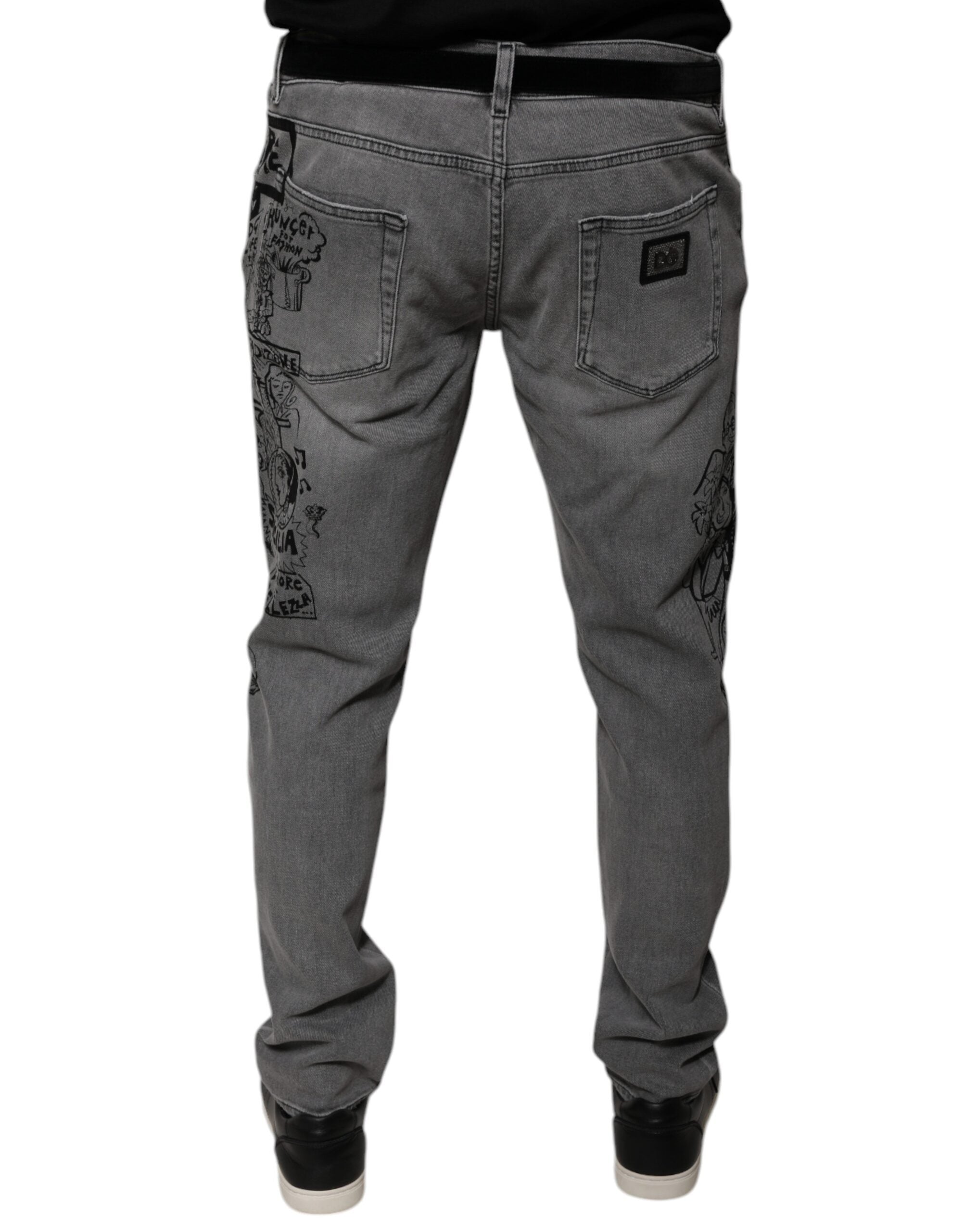 Dolce & Gabbana Gray Graphic Print Cotton Skinny Denim Men's Jeans