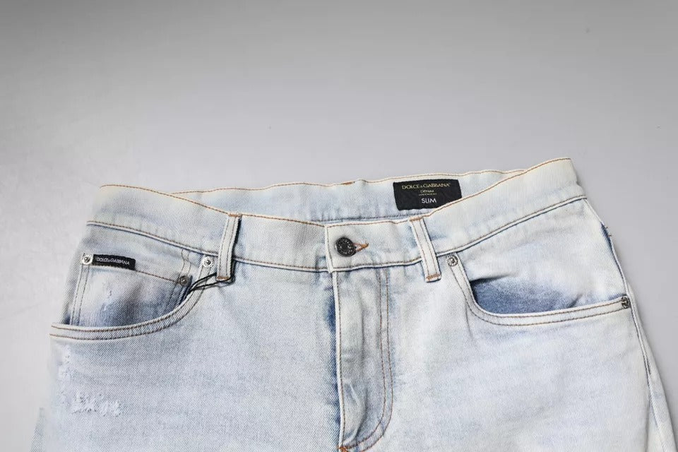 Dolce & Gabbana Light Blue Cotton Blend Tattered Skinny Denim Men's Jeans