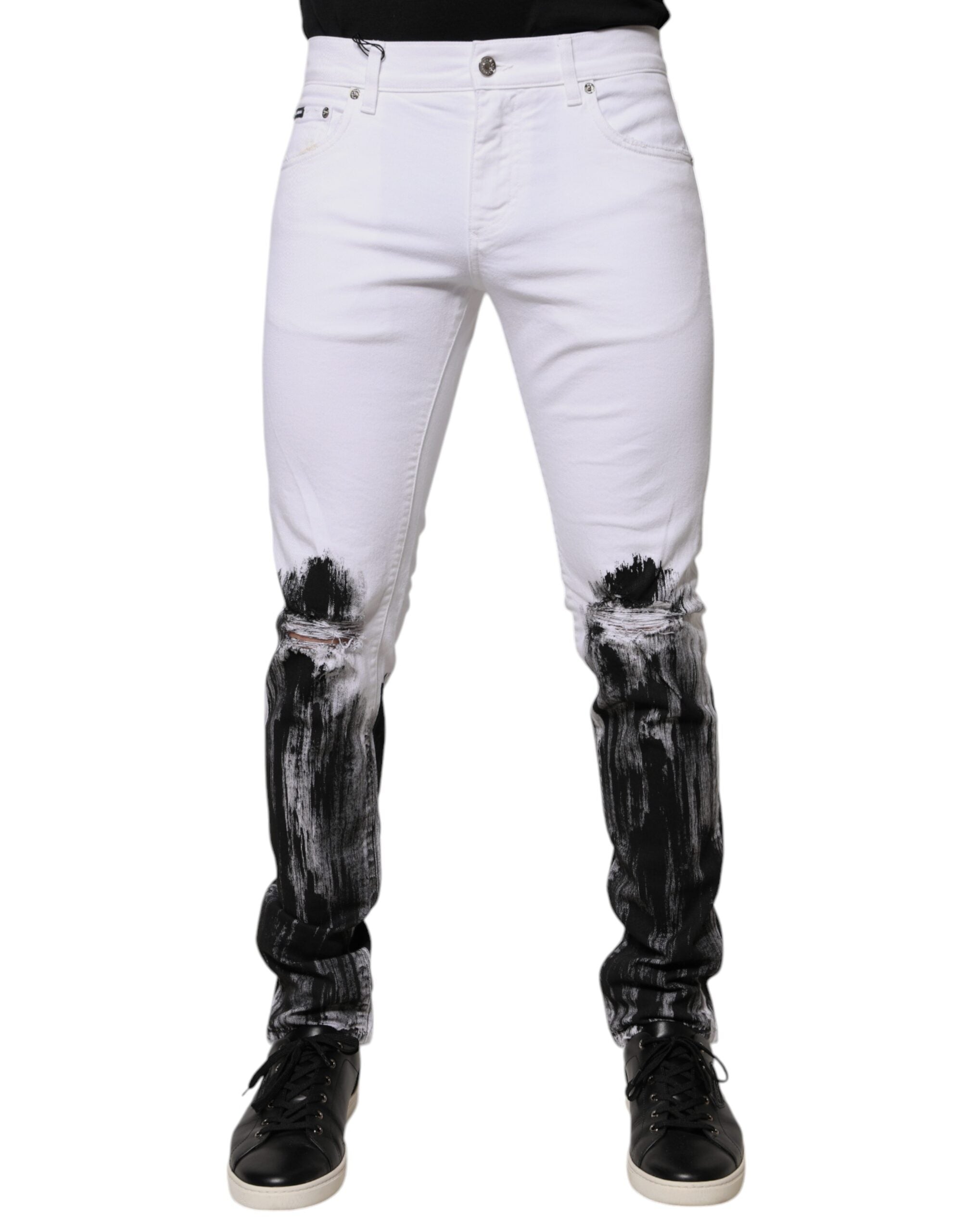Dolce & Gabbana White Black Logo Cotton Skinny Denim Men's Jeans (Pre-Owned)