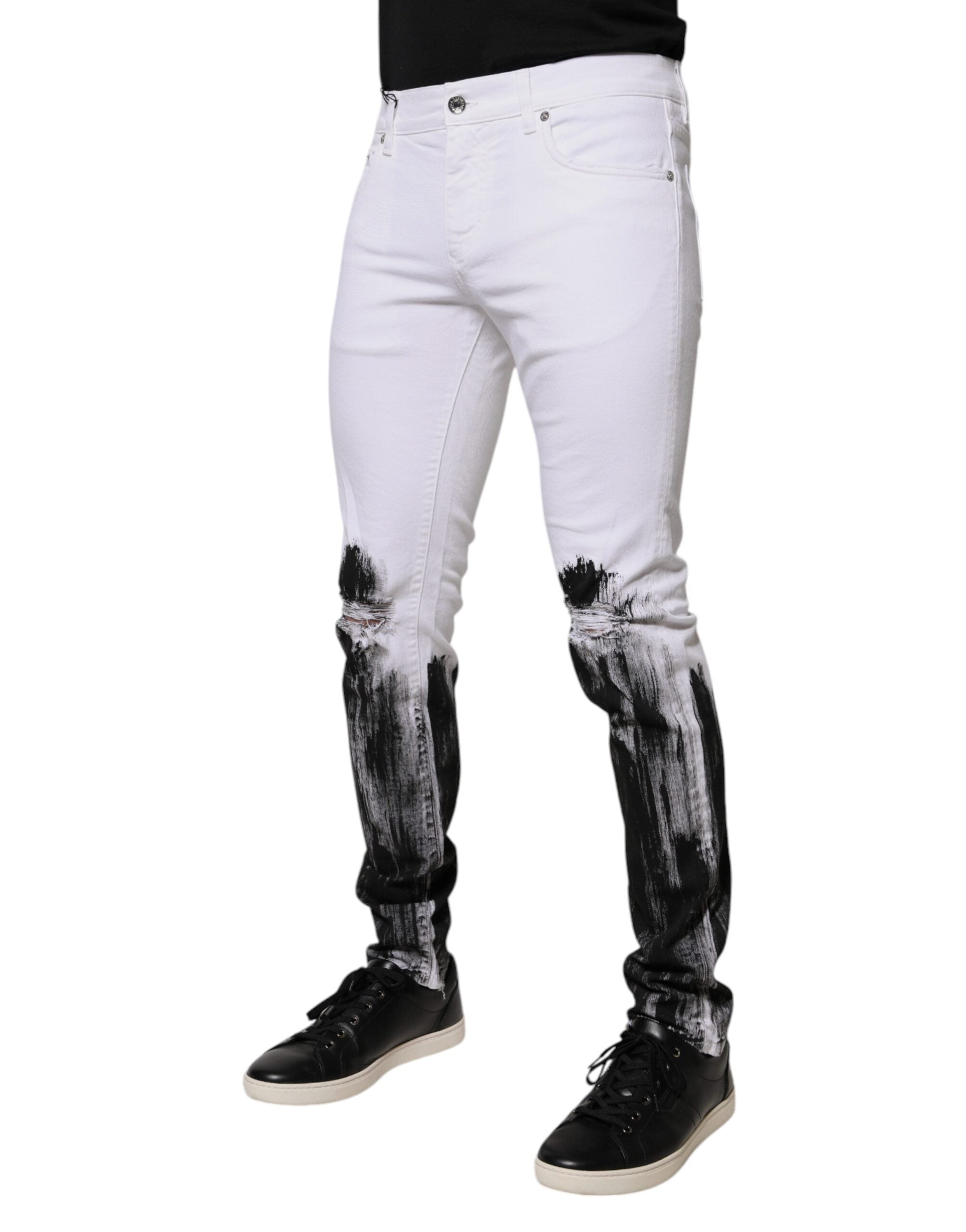 Dolce & Gabbana White Black Logo Cotton Skinny Denim Men's Jeans (Pre-Owned)