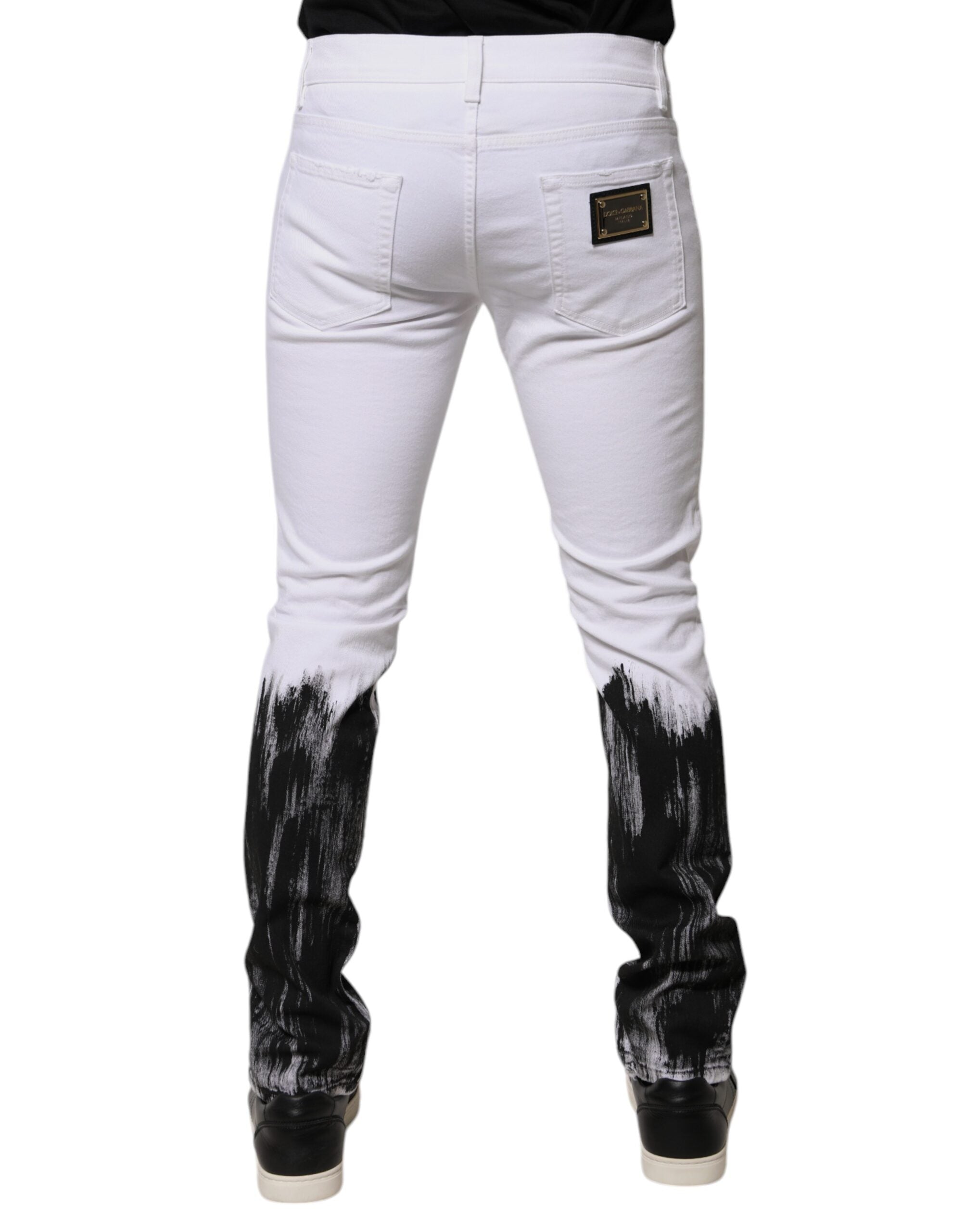 Dolce & Gabbana White Black Logo Cotton Skinny Denim Men's Jeans (Pre-Owned)
