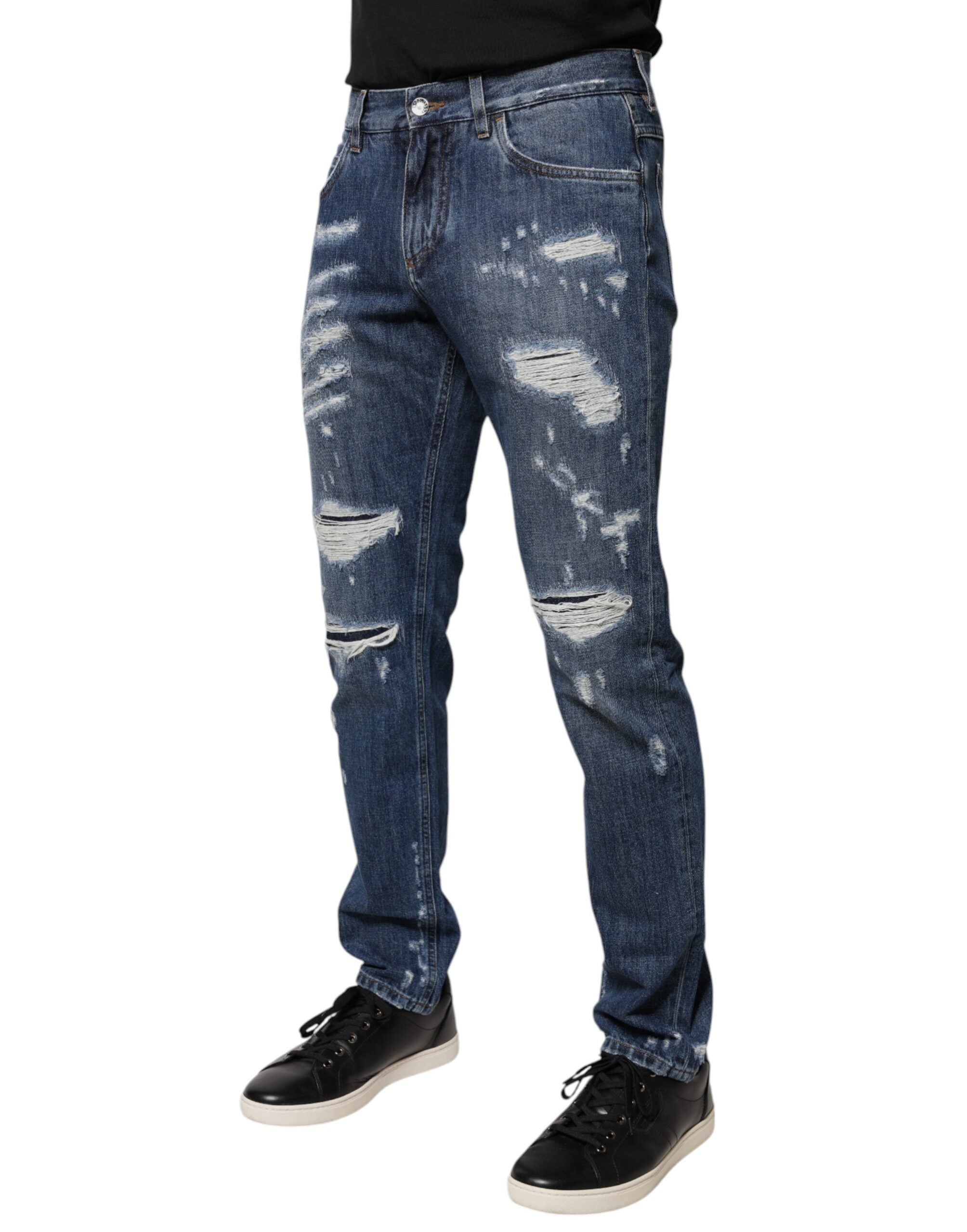Dolce & Gabbana Blue Cotton Tattered Skinny Denim Men's Jeans