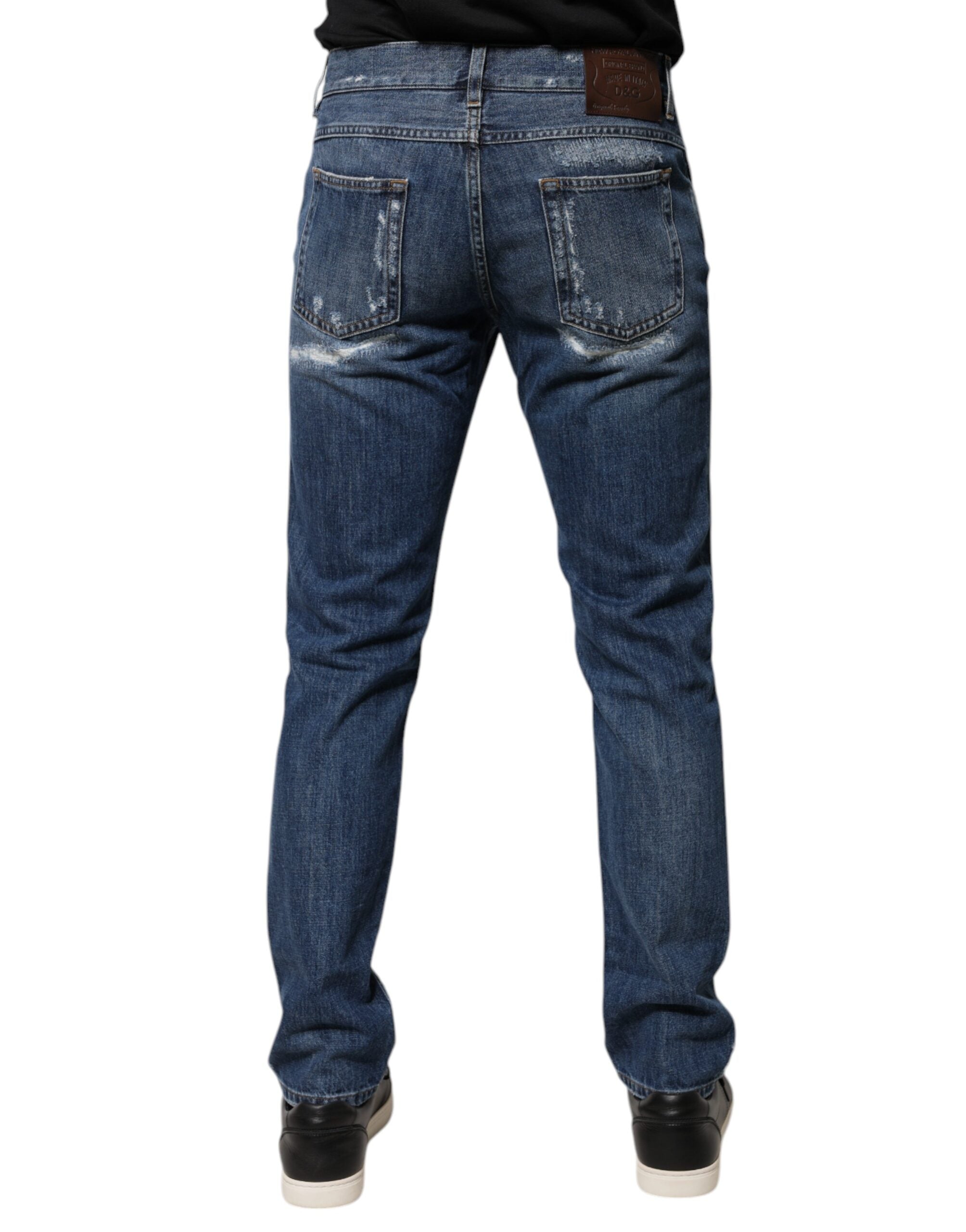 Dolce & Gabbana Blue Cotton Tattered Skinny Denim Men's Jeans