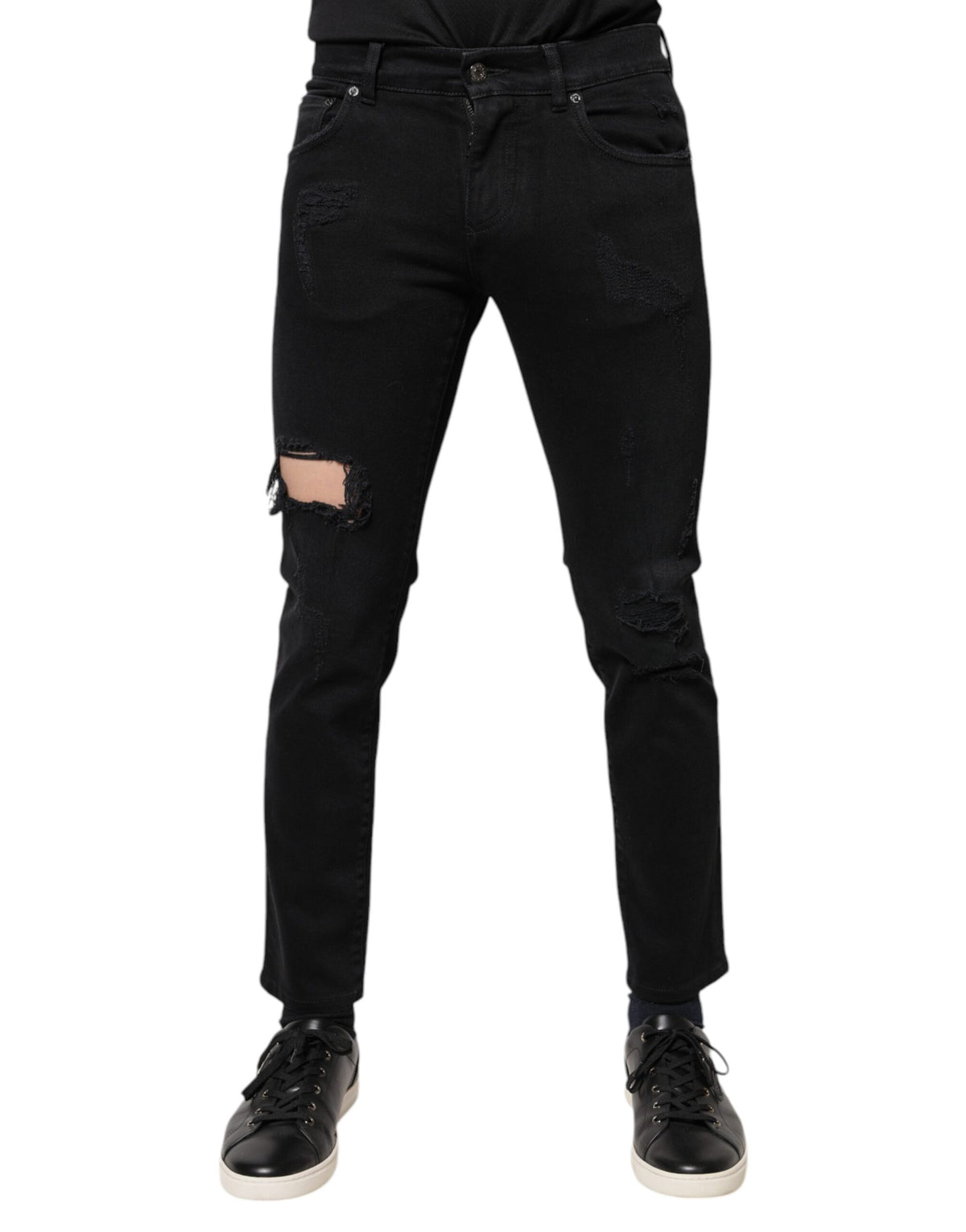 Dolce & Gabbana Black Cotton Tattered Skinny Denim Logo Men's Jeans