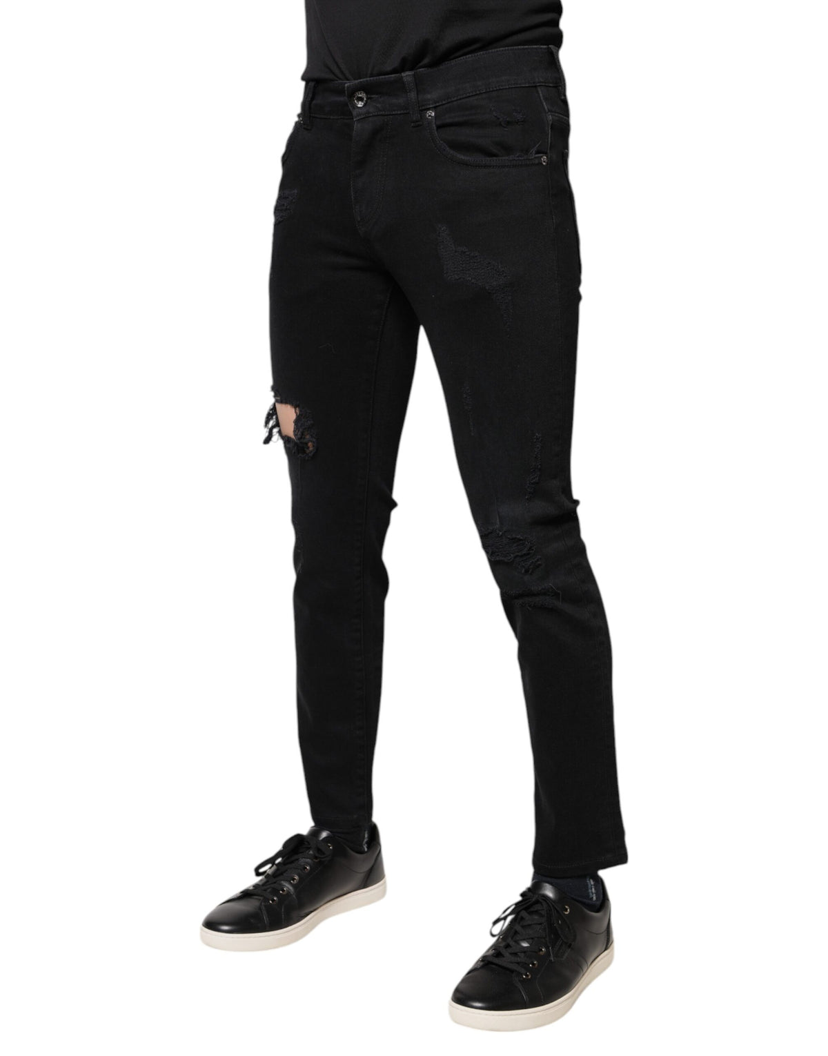 Dolce & Gabbana Black Cotton Tattered Skinny Denim Logo Men's Jeans