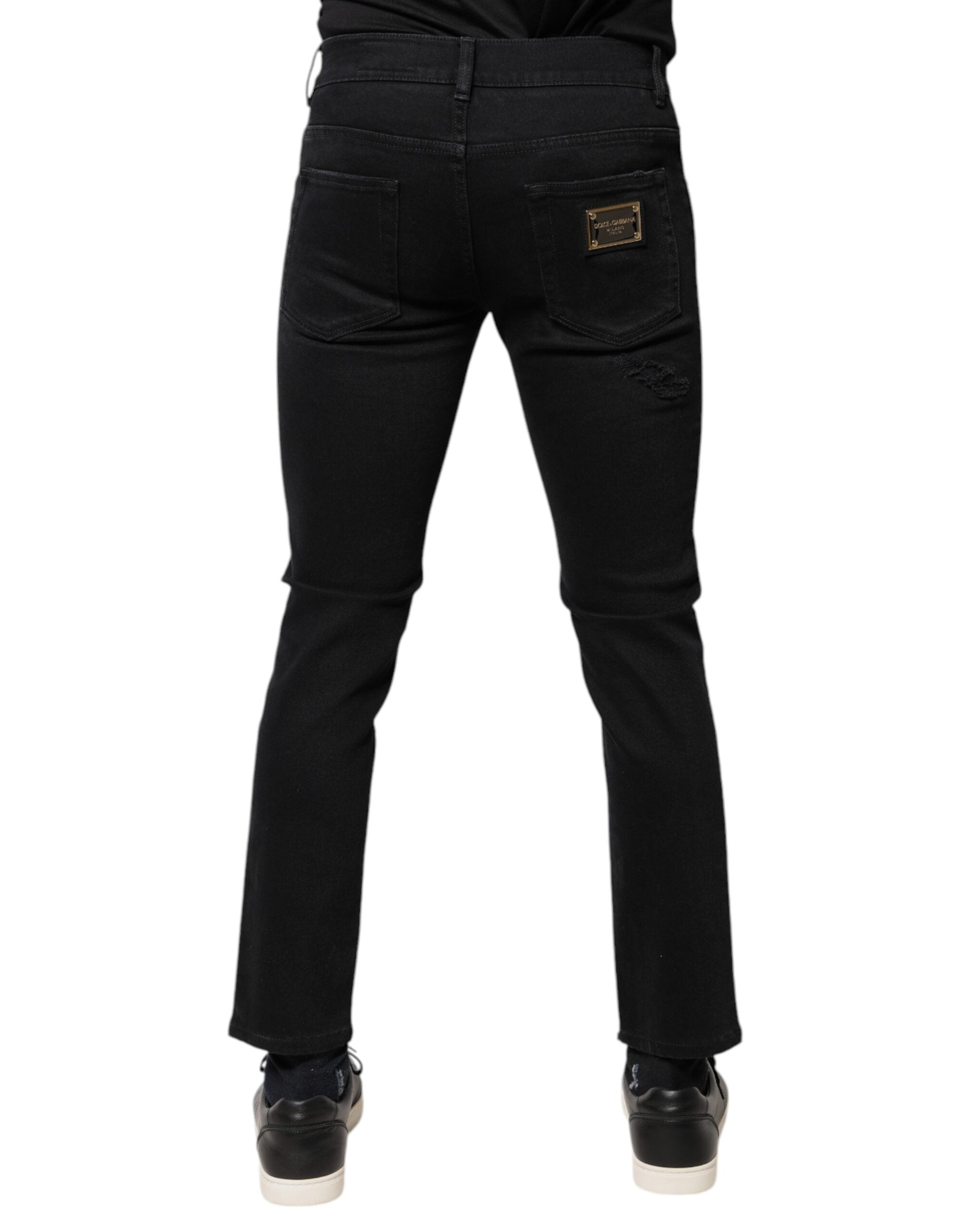 Dolce & Gabbana Black Cotton Tattered Skinny Denim Logo Men's Jeans