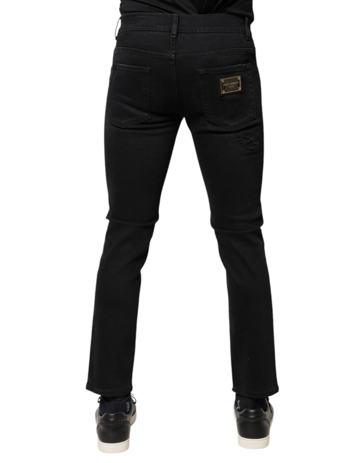 Dolce & Gabbana Black Cotton Tattered Skinny Denim Logo Men's Jeans