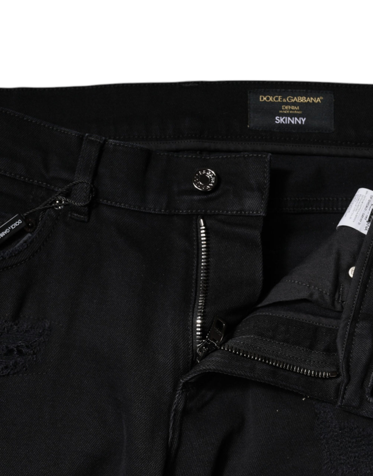 Dolce & Gabbana Black Cotton Tattered Skinny Denim Logo Men's Jeans