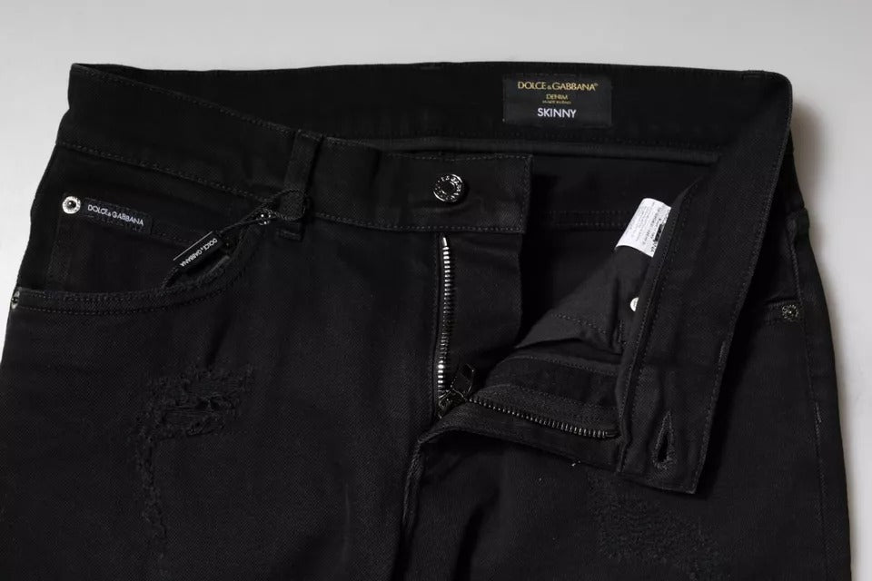 Dolce & Gabbana Black Cotton Tattered Skinny Denim Logo Men's Jeans