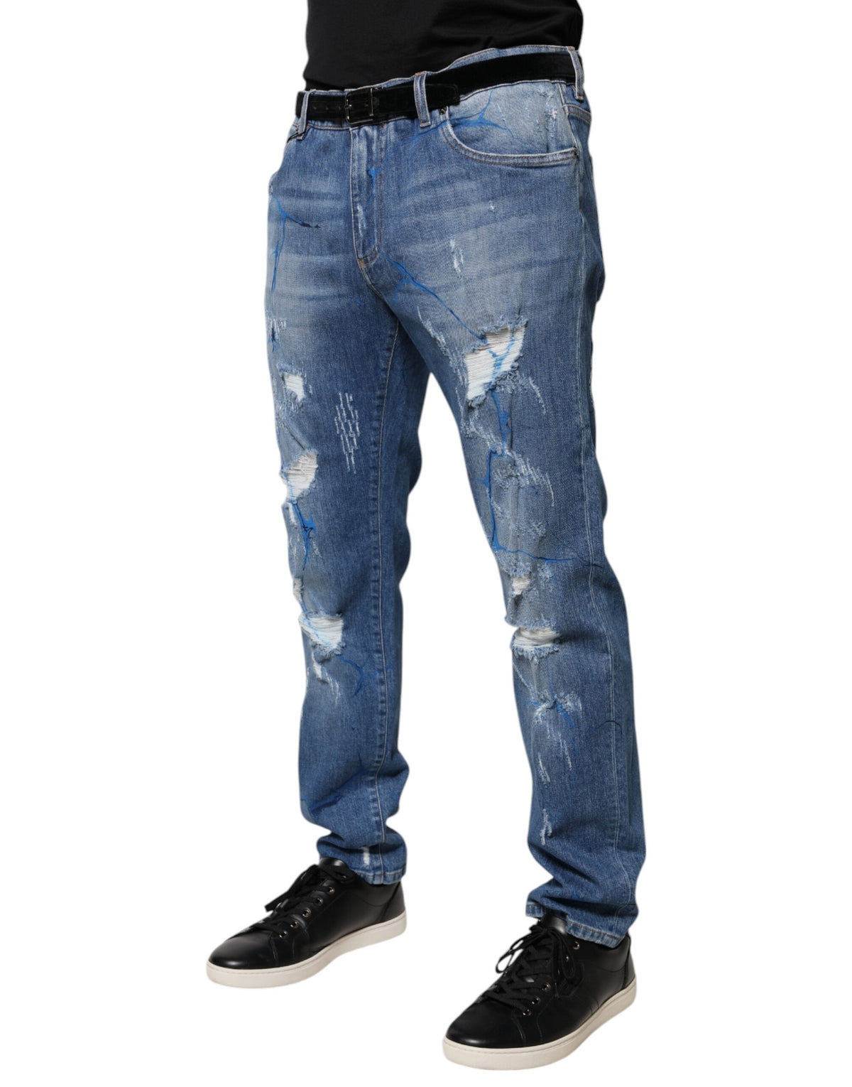 Dolce & Gabbana Blue Cotton Stretch Tattered Skinny Denim Men's Jeans
