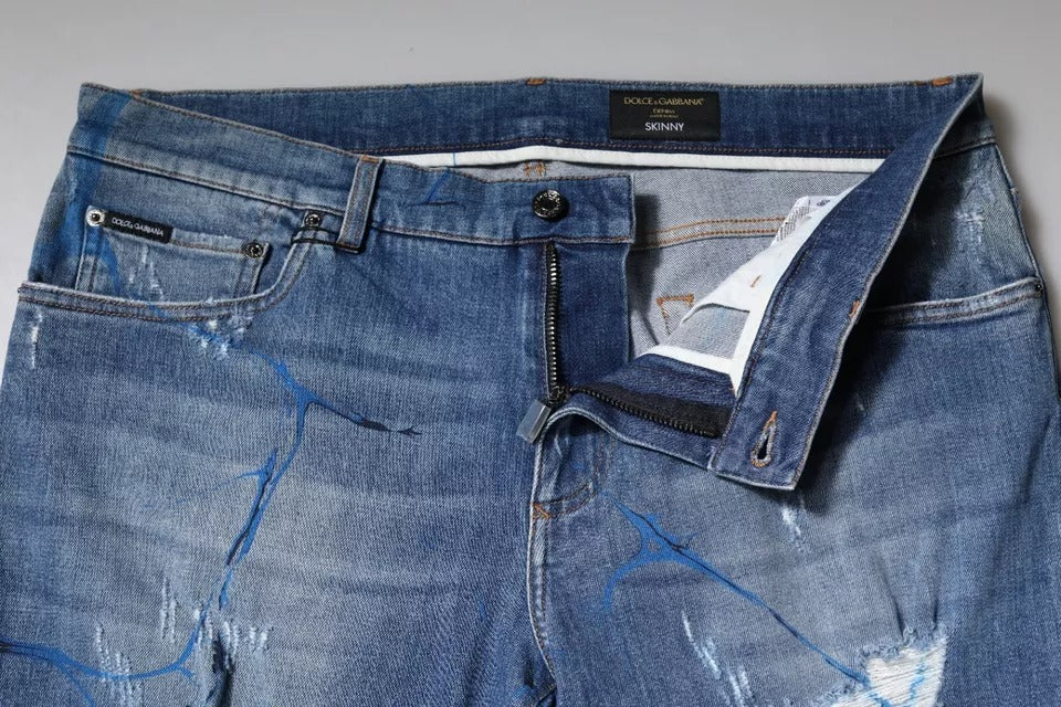 Dolce & Gabbana Blue Cotton Stretch Tattered Skinny Denim Men's Jeans