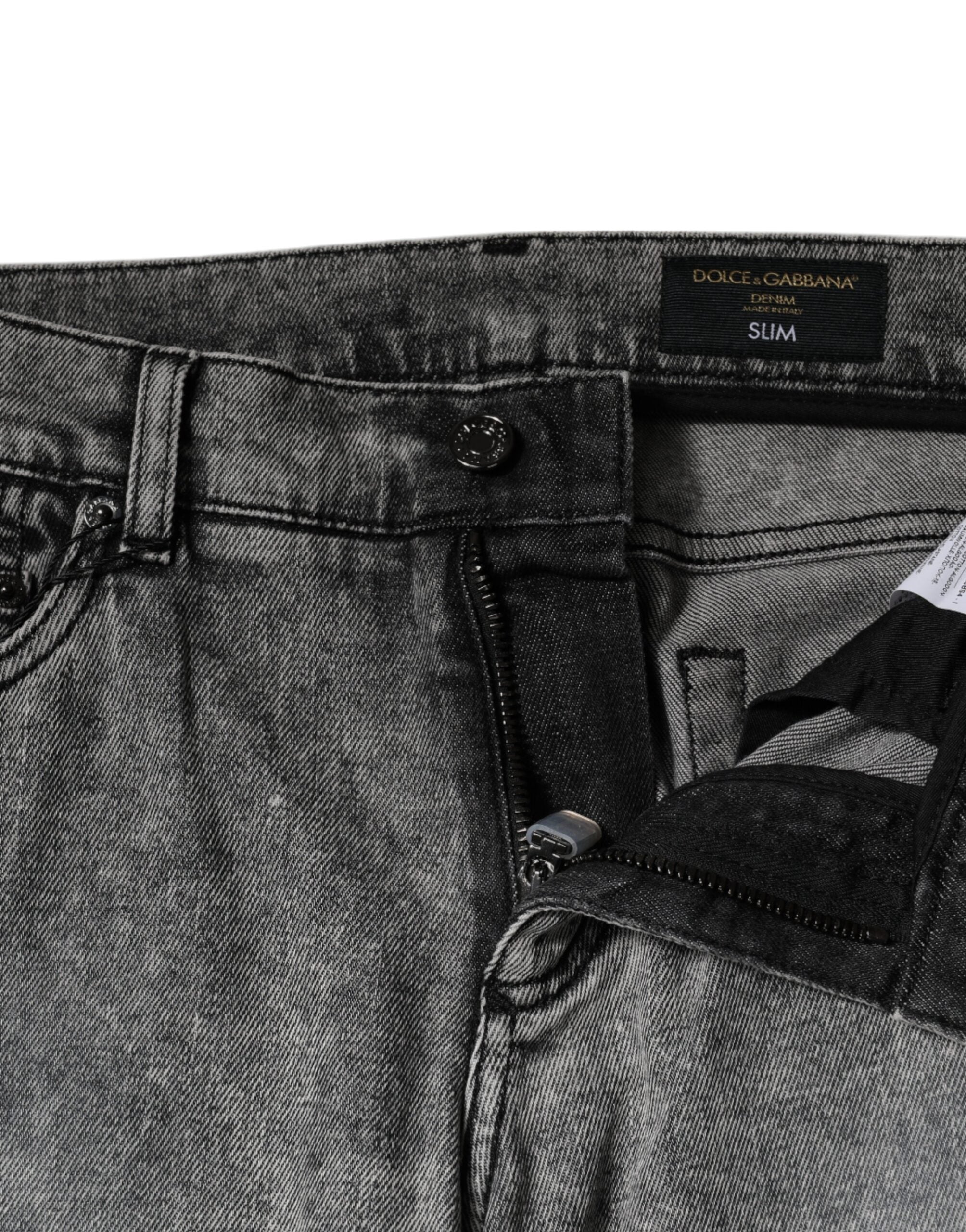 Dolce & Gabbana Gray Logo Plaque Cotton Slim Fit Denim Men's Jeans