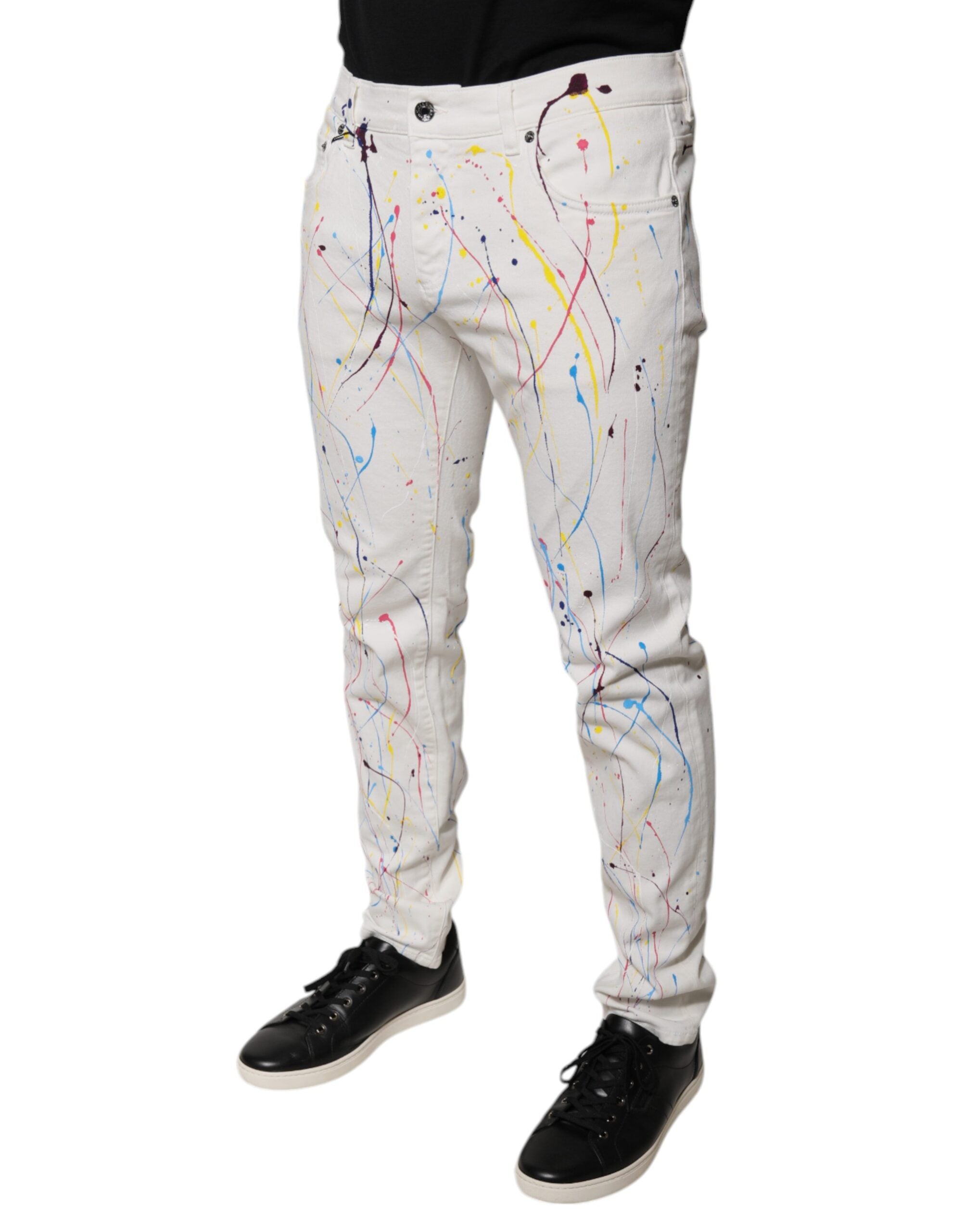 Dolce & Gabbana White Color Splash Print Skinny Denim Men's Jeans