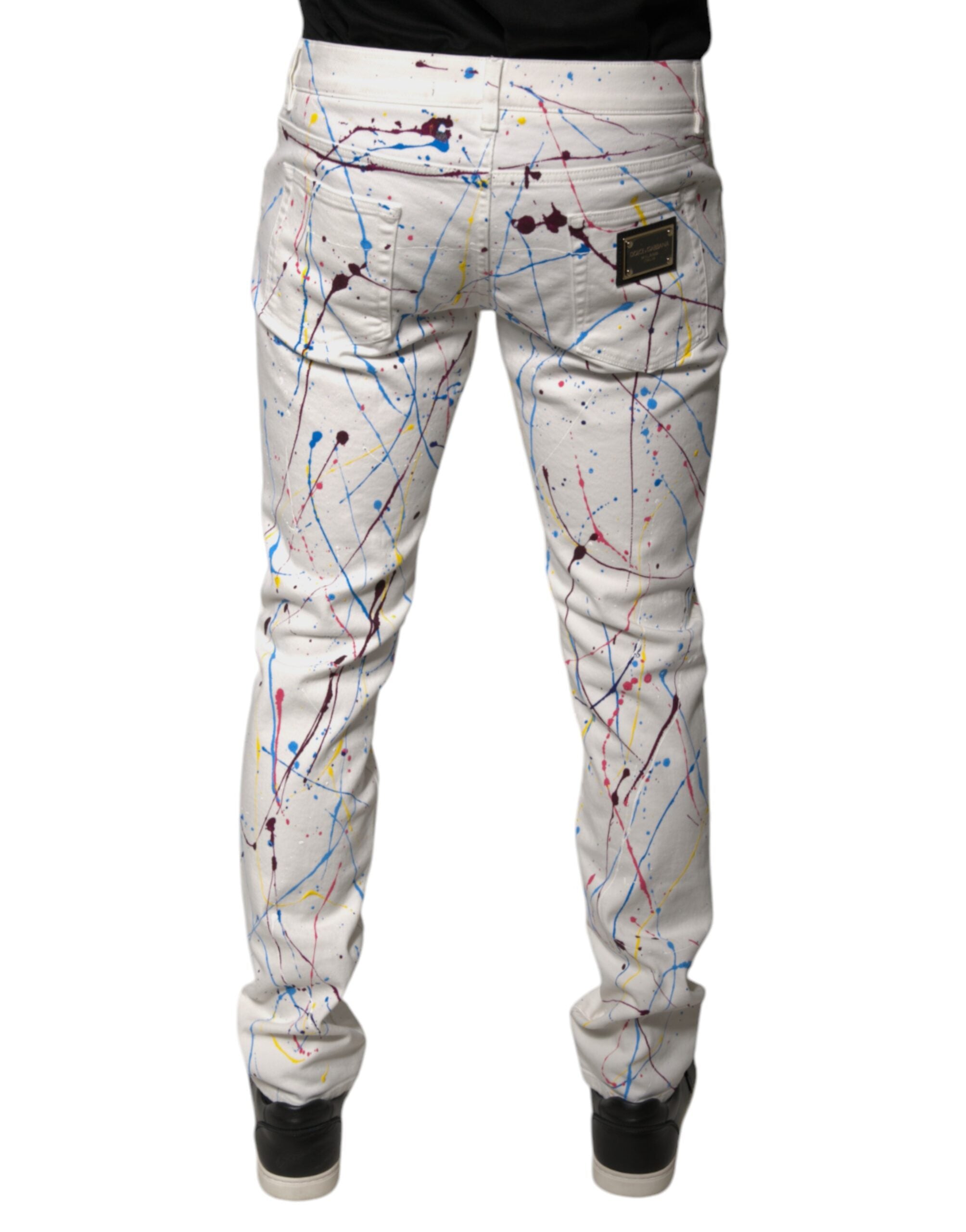 Dolce & Gabbana White Color Splash Print Skinny Denim Men's Jeans
