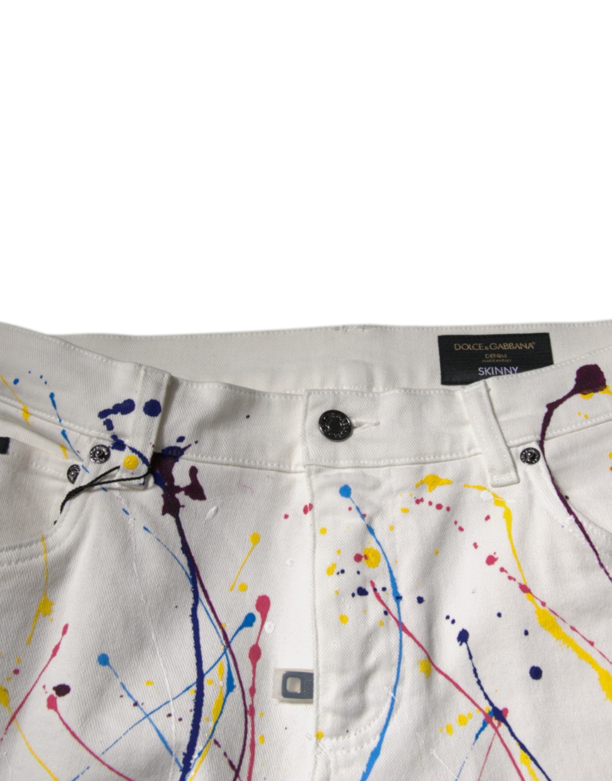 Dolce & Gabbana White Color Splash Print Skinny Denim Men's Jeans