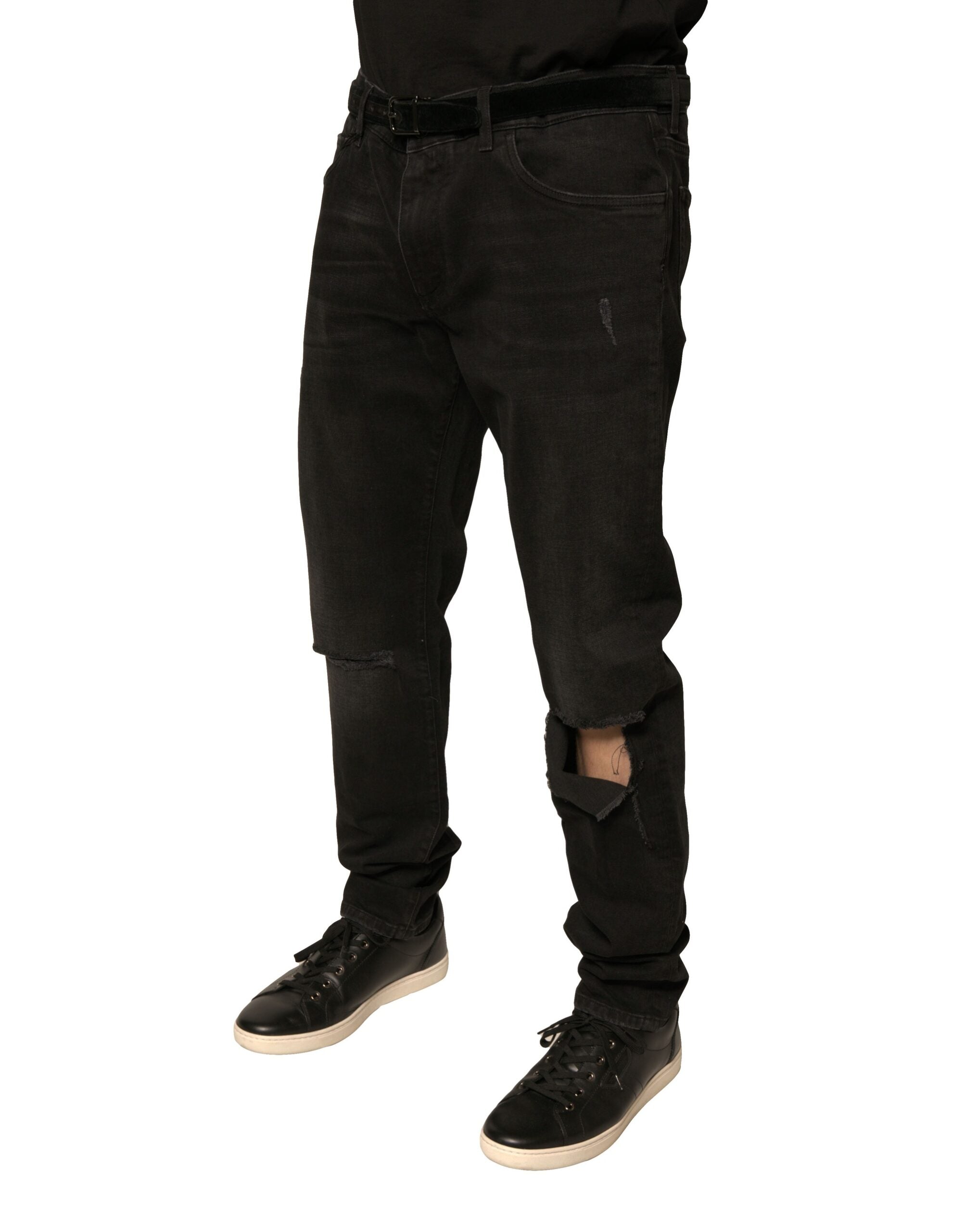 Dolce & Gabbana Black Ripped Logo Cotton Skinny Denim Men's Jeans