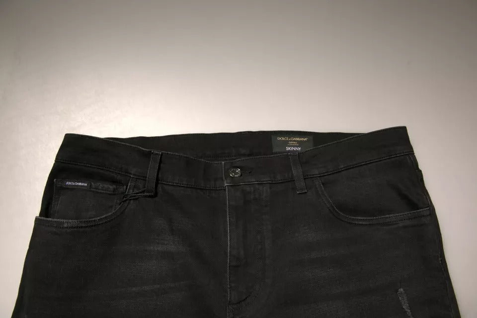 Dolce & Gabbana Black Ripped Logo Cotton Skinny Denim Men's Jeans