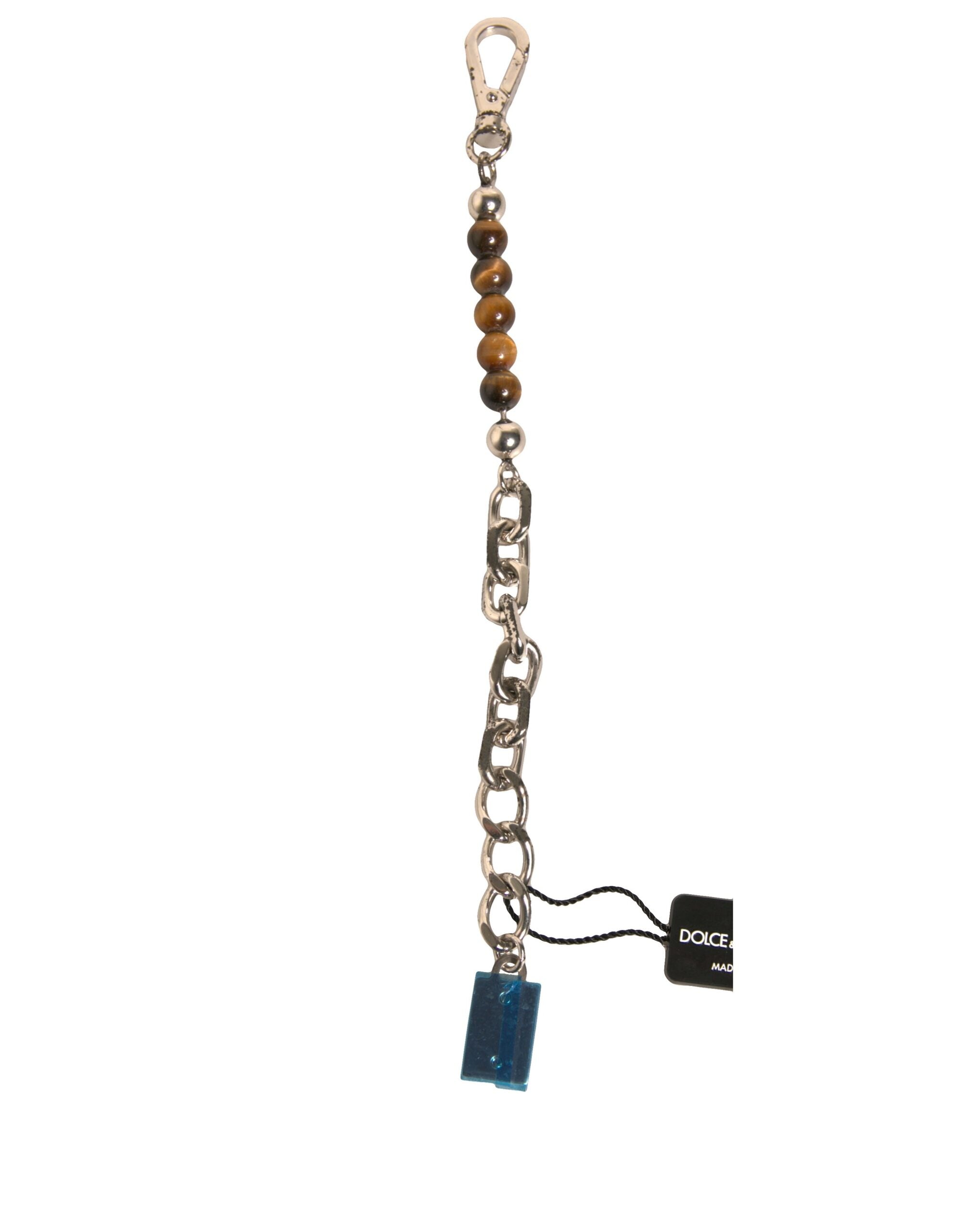 Dolce & Gabbana Silver Brass Chain Beaded Logo Plaque Keychain Women's Keyring (Pre-Owned)