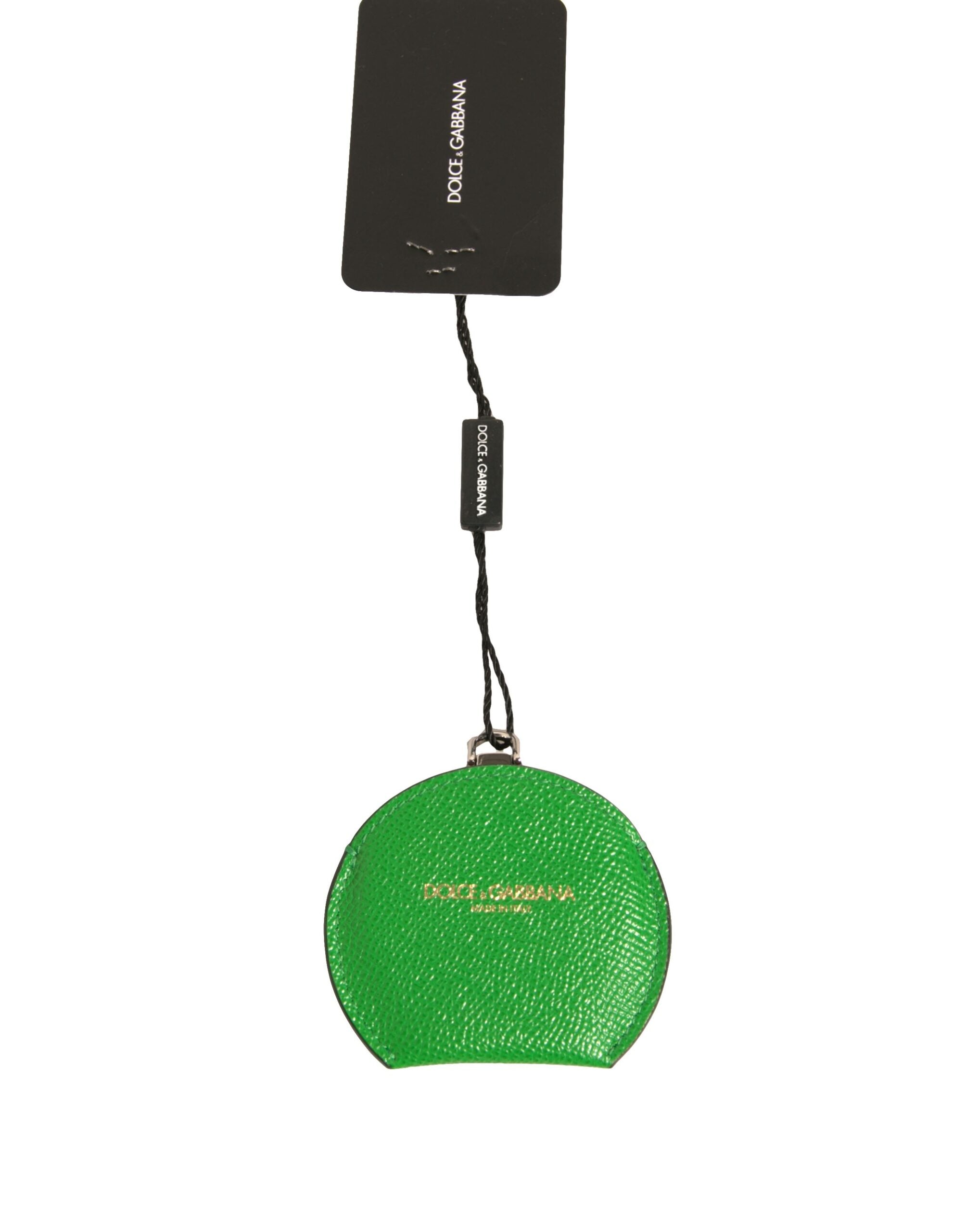 Dolce & Gabbana Green Calfskin Leather Round Logo Hand Mirror Women's Holder