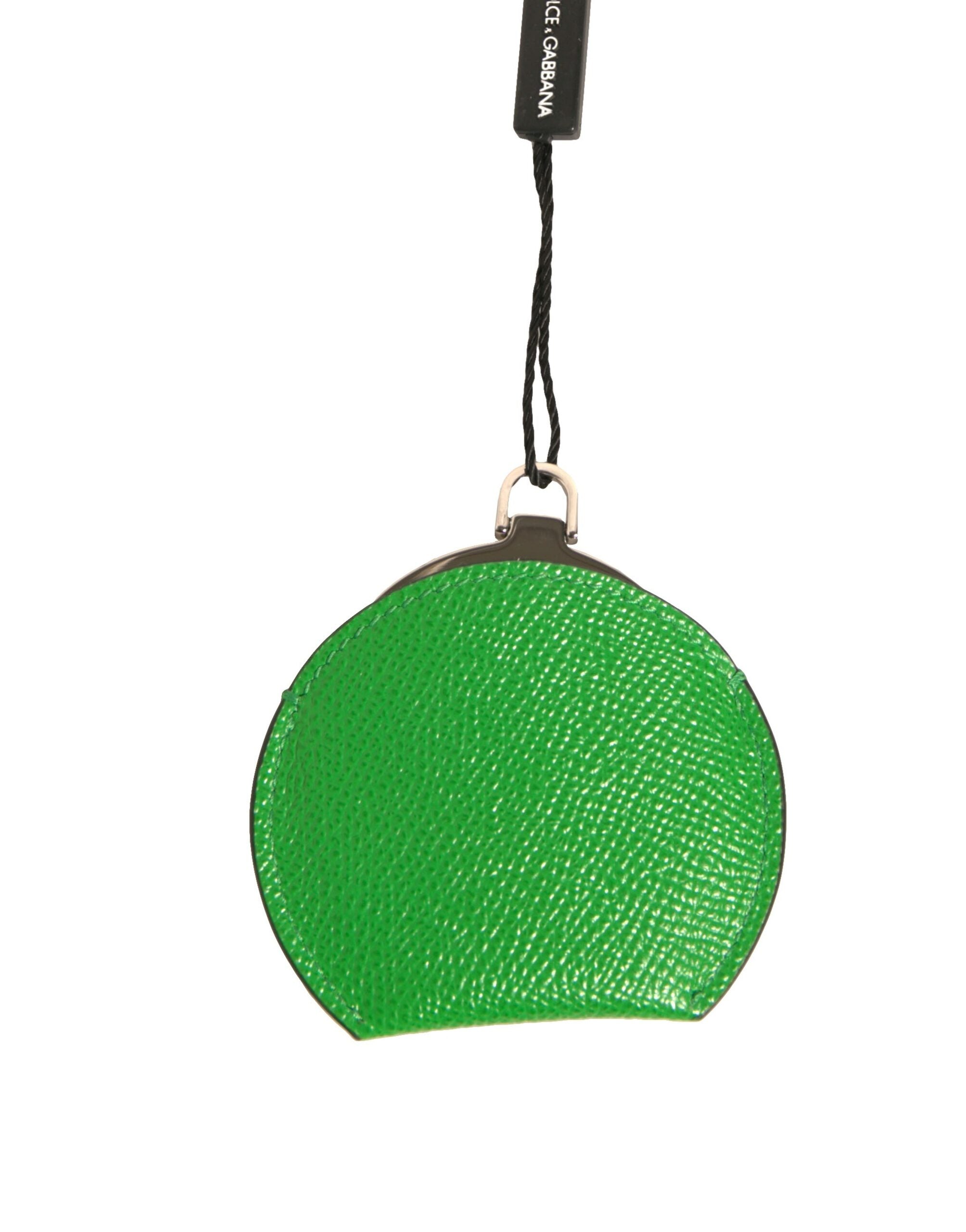 Dolce & Gabbana Green Calfskin Leather Round Logo Hand Mirror Women's Holder