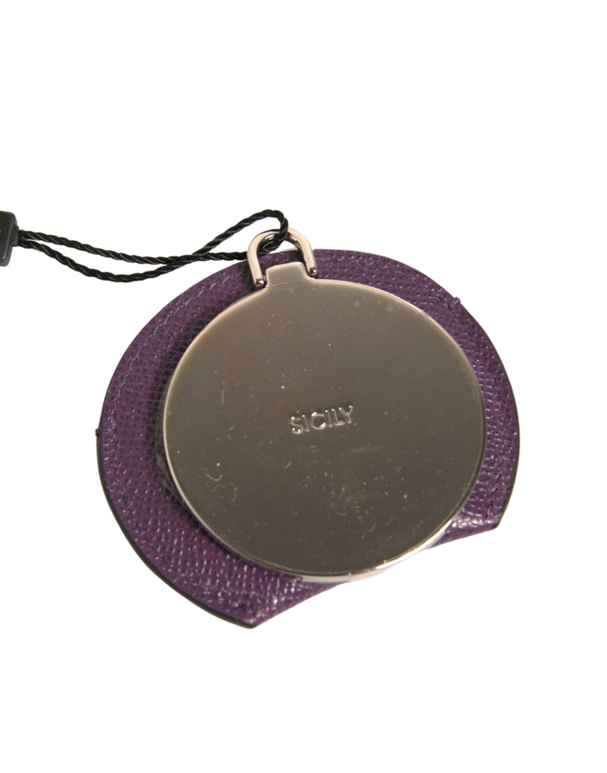 Dolce & Gabbana Purple Calfskin Leather Round Logo Hand Mirror Women's Holder