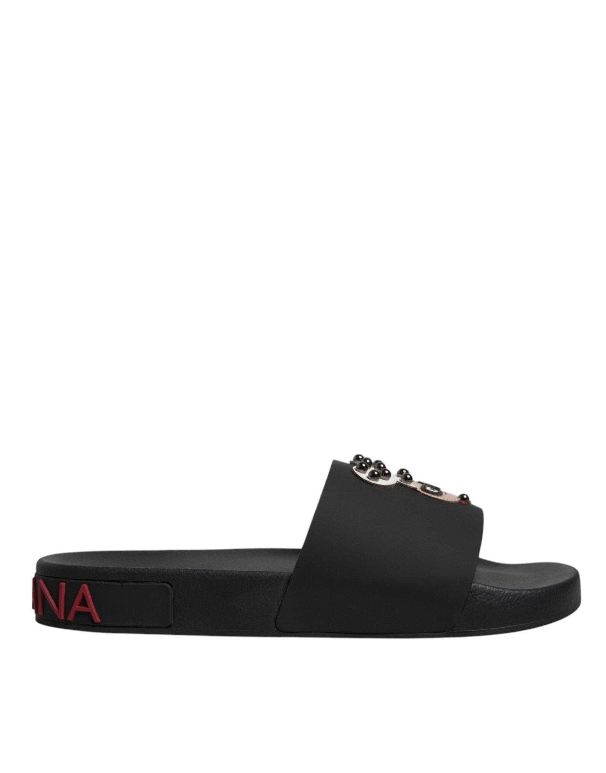 Dolce & Gabbana Black Leather Slides Sandals Beachwear Men's Shoes