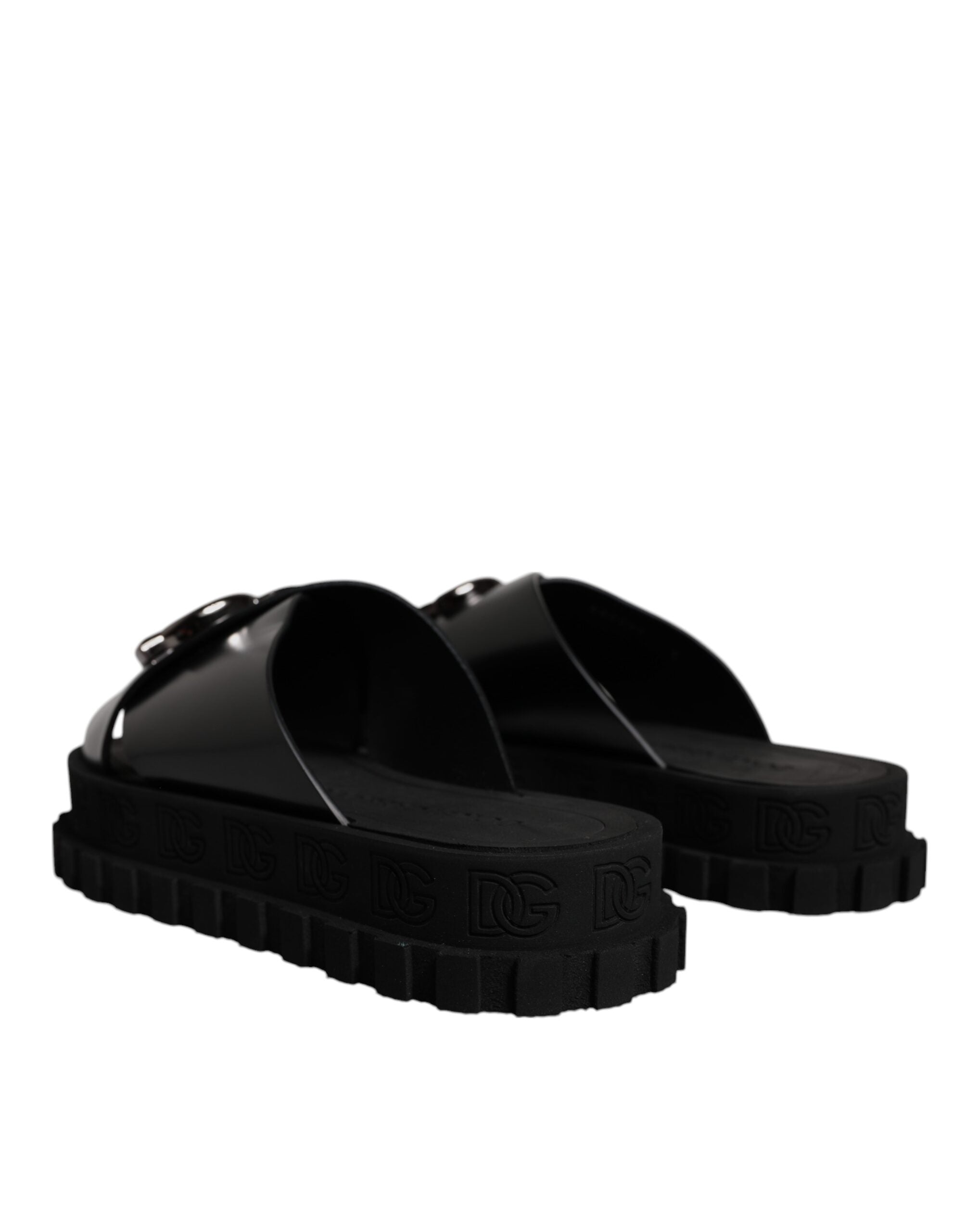 Dolce & Gabbana Black Leather DG Criss Cross Slides Sandals Men's Shoes