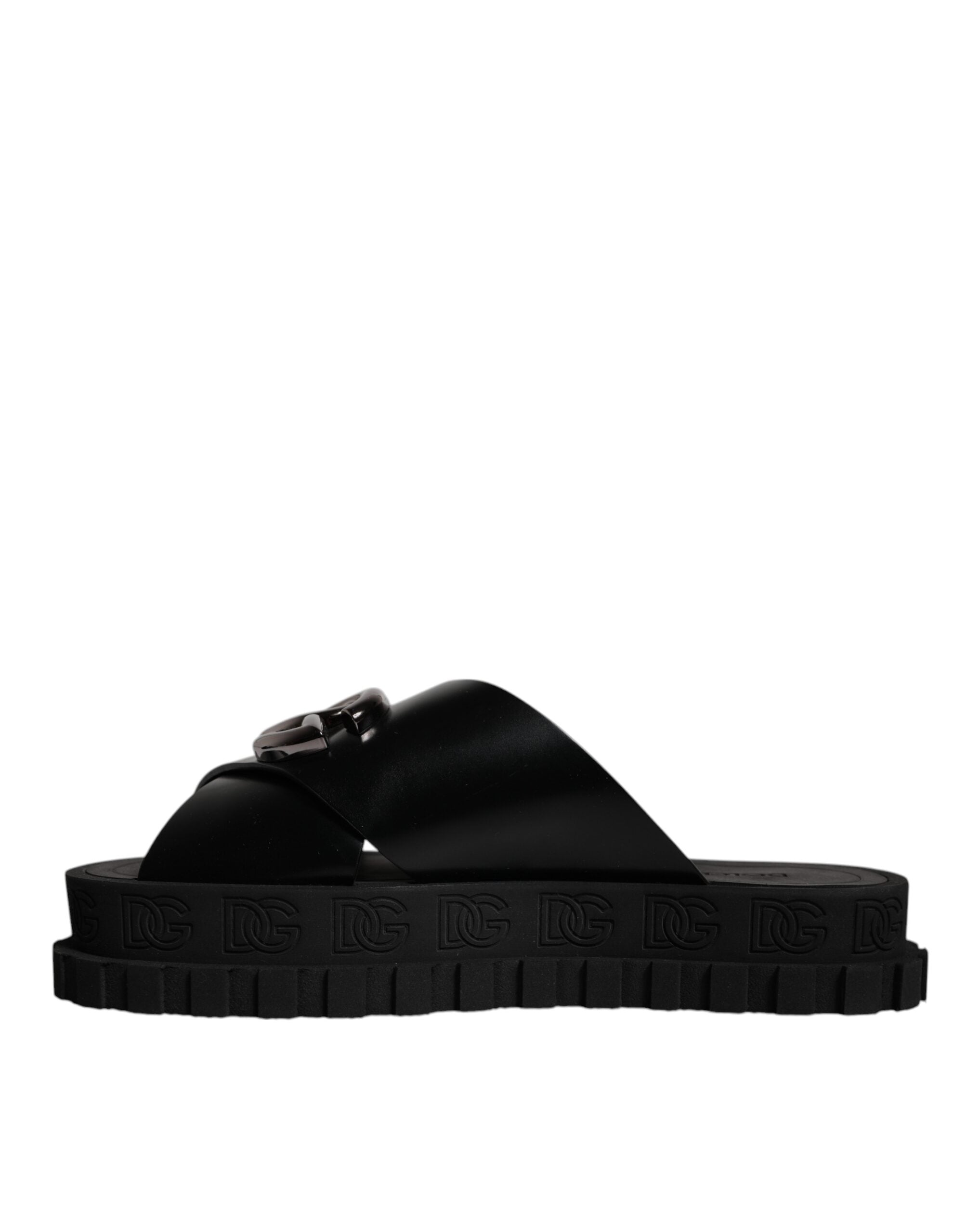 Dolce & Gabbana Black Leather DG Criss Cross Slides Sandals Men's Shoes
