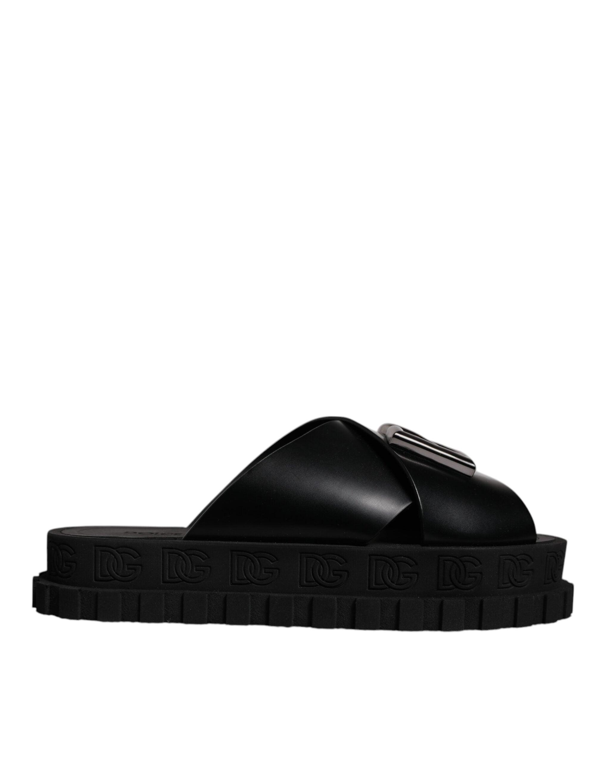 Dolce & Gabbana Black Leather DG Criss Cross Slides Sandals Men's Shoes