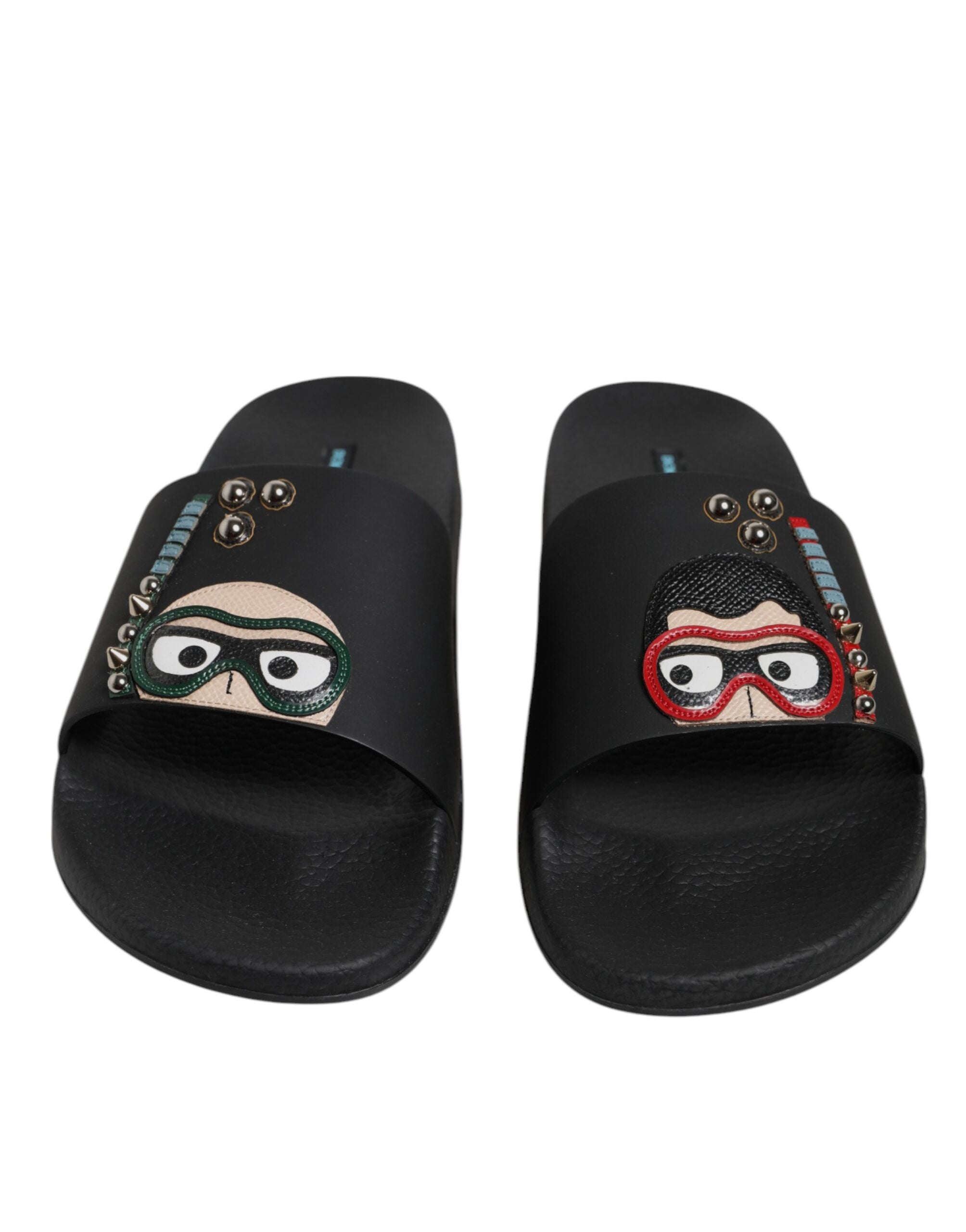 Dolce & Gabbana Black Divers Leather Flats Slides Sandals Beachwear Men's Shoes