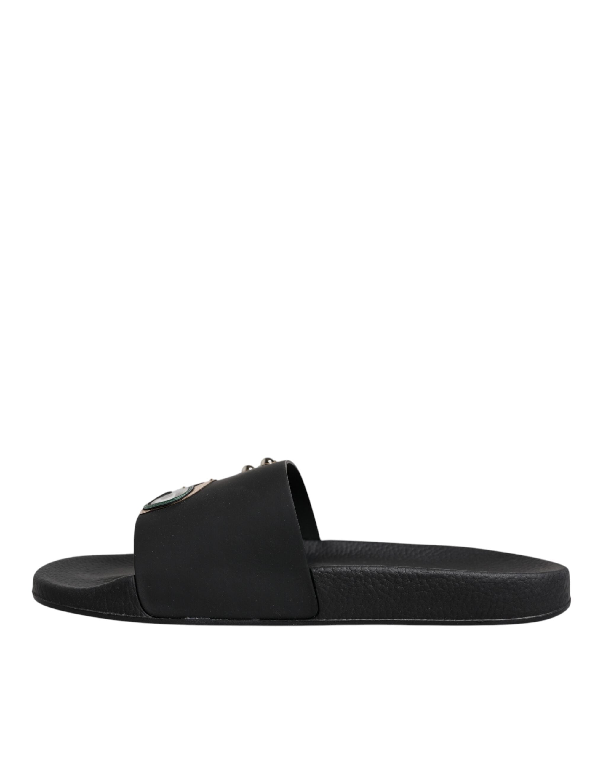 Dolce & Gabbana Black Divers Leather Flats Slides Sandals Beachwear Men's Shoes